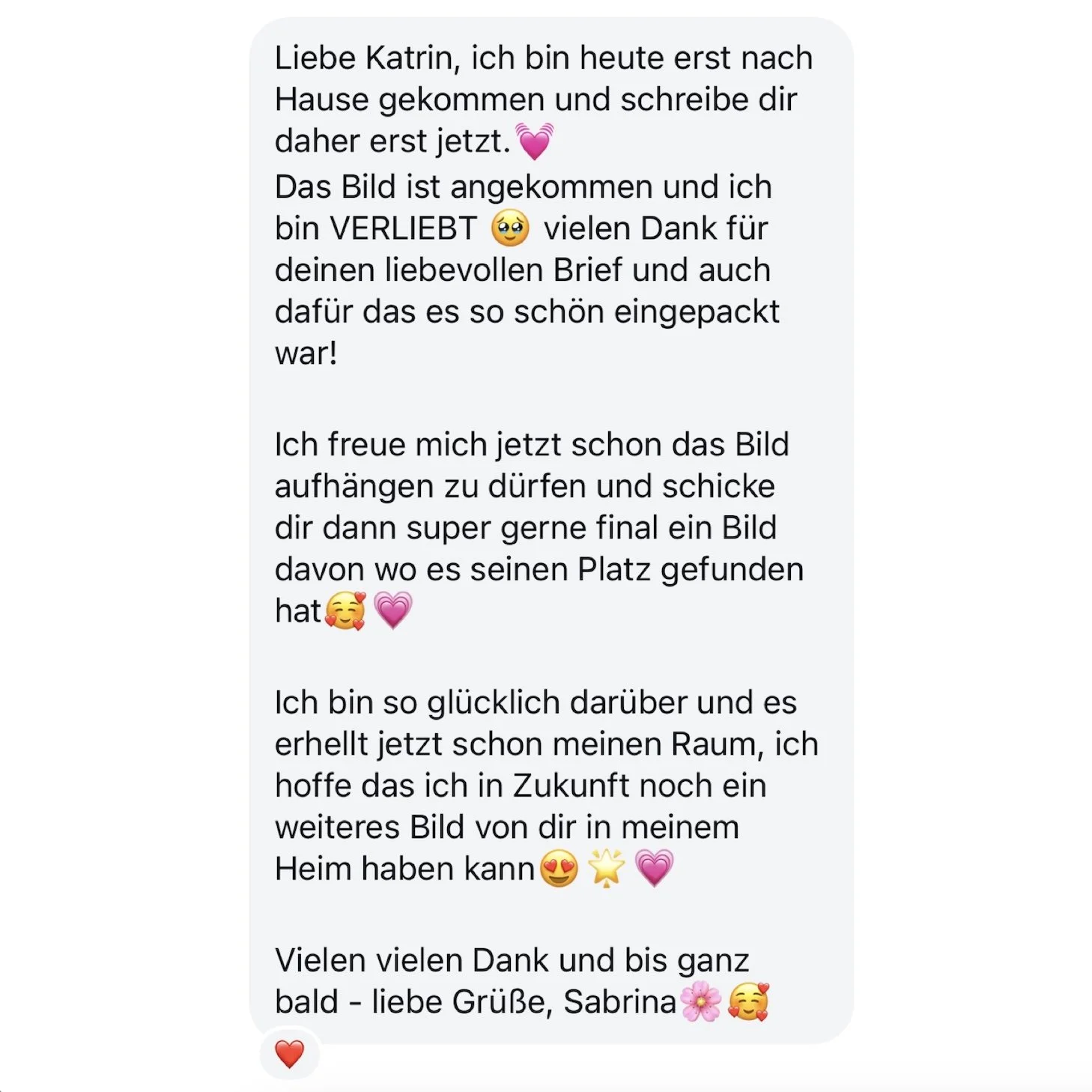 Digitaler Textausschnitt eines Nachrichten- oder Brieftextes in deutscher Sprache mit Emojis, der auf eine liebevolle Kommunikation zwischen zwei Personen Bezug nimmt.