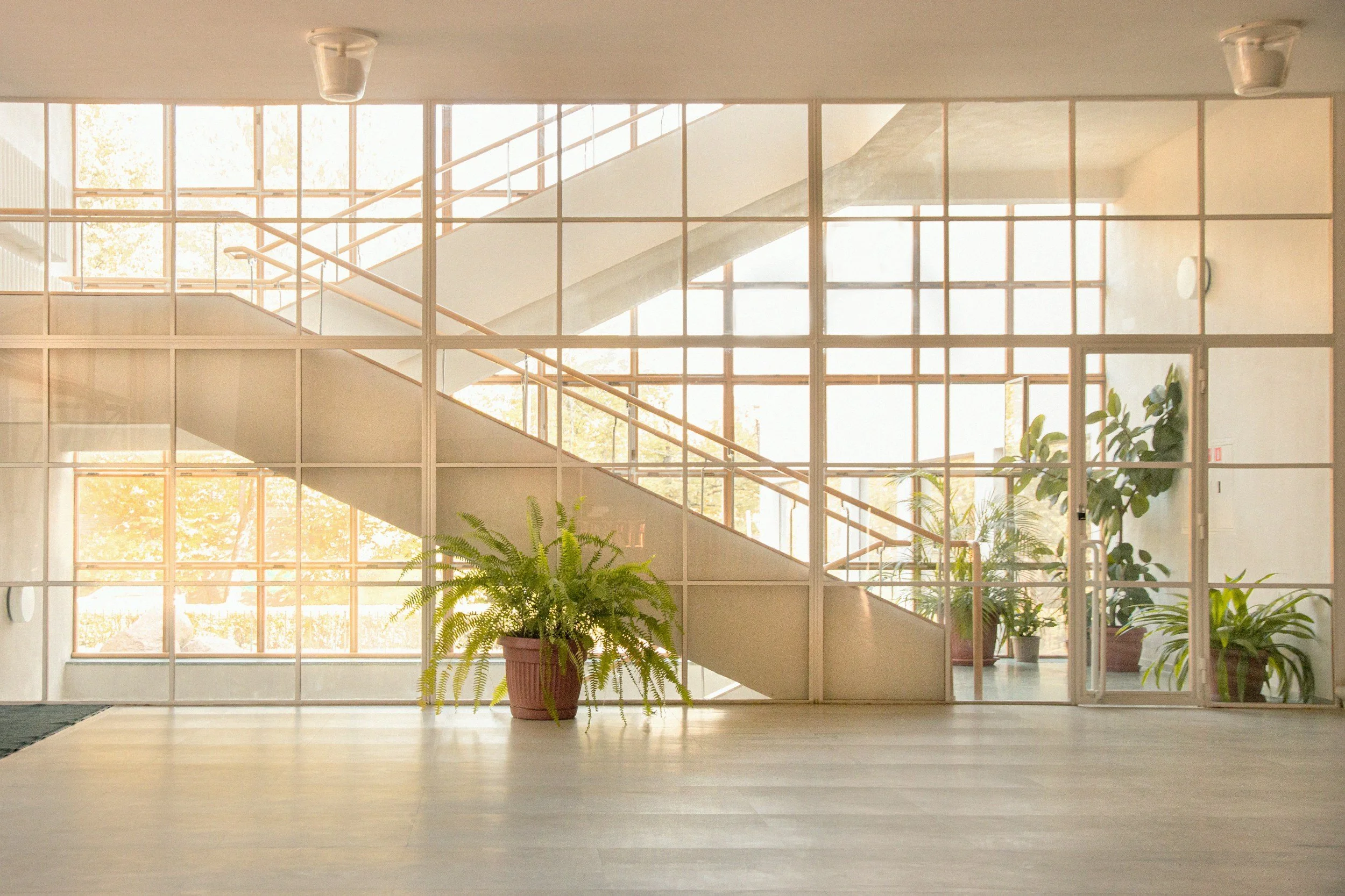 Interior view of a building with large windows, potted plants, and a staircase with orange handrails.