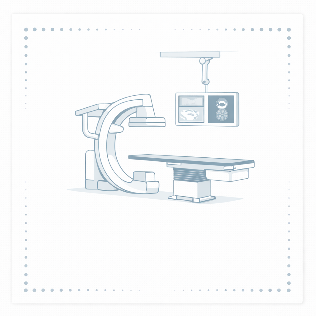 Illustration of a modern medical imaging room with an MRI machine, a flat examination table, and monitors displaying medical images.