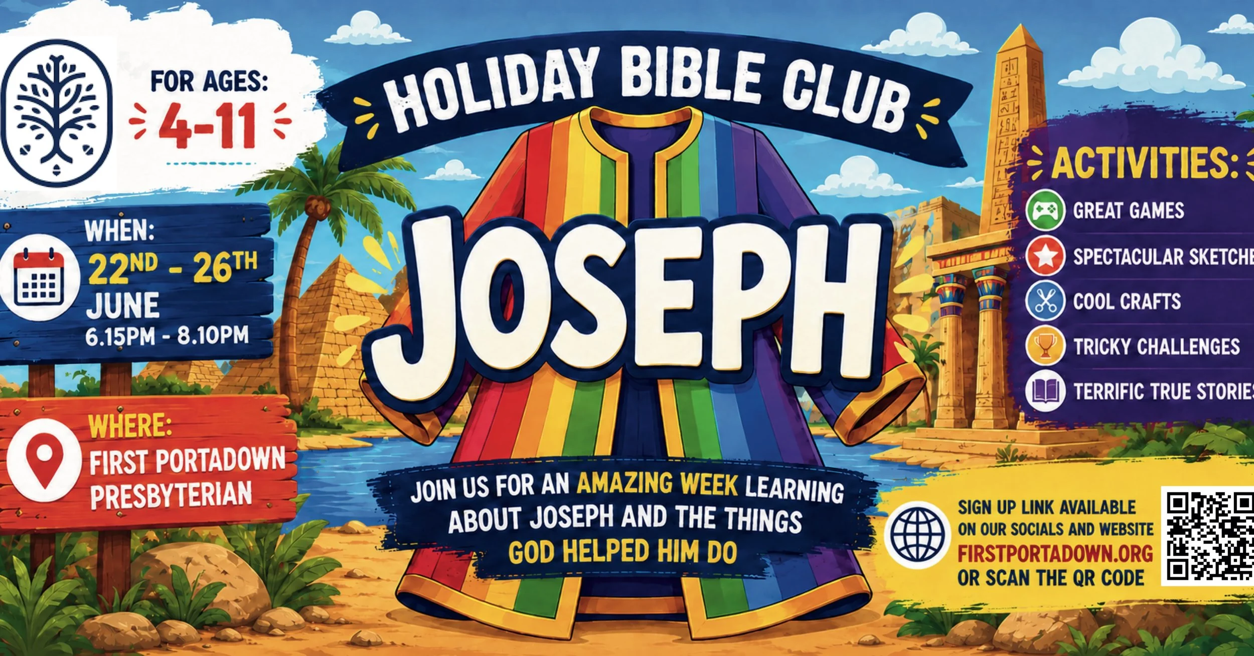 IT&rsquo;S BACK!!! 🥳

It&rsquo;s nearly time for our Holiday Bible Club and we are so excited to welcome you all back! 

Join us for an AMAZING week learning all about Joseph and what God helped him to do.

🗓️ Monday 22nd June - Friday 26th June
⏰ 