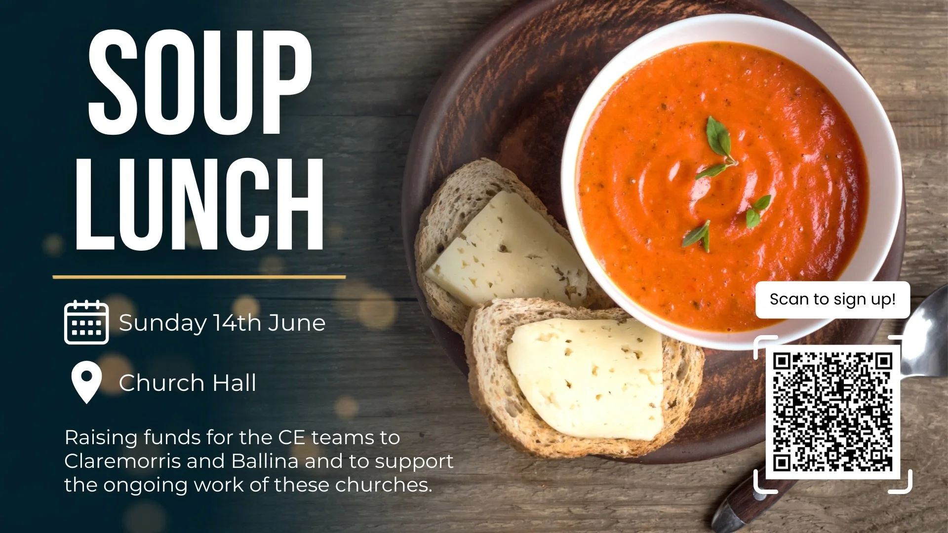 You&rsquo;re invited! 🍲 

We&rsquo;d love for you to come along to our church soup lunch to support our CE teams heading to Claremorris and Ballina this summer and the ongoing work of these churches.

When: Sunday 14th June
Time: After the morning s