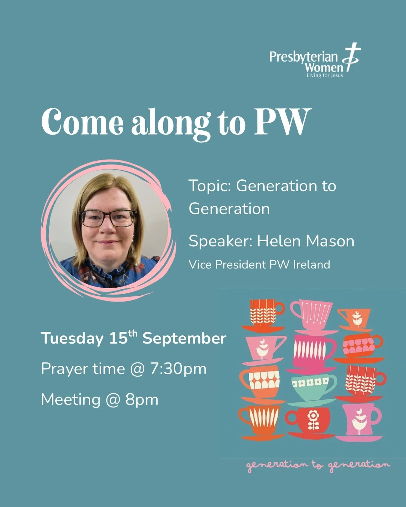 Calling all ladies! 

PW (Presbyterian Women) is back for the 2026/27 season and we are so excited to start the year with guest speaker Helen Mason, Vice President Presbyterian Women Ireland. Helen will be speaking on the PW theme for this year: Gene