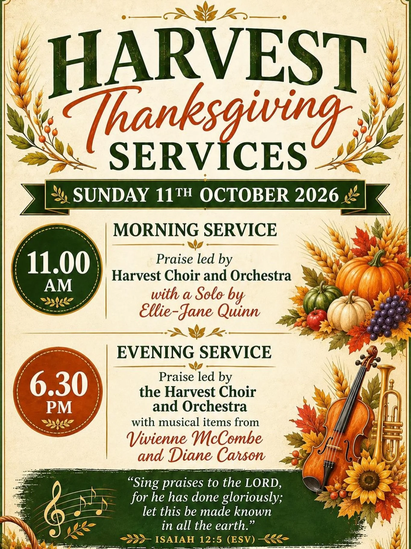 HARVEST! 🍁🍂

You&rsquo;re invited to our special harvest services this Sunday (11th October) at 11am and 6:30pm. 

Guest speakers:
Morning service: Dr Michael McClenaghan
Evening service: Dr Martyn Cowan

Everyone is welcome for a harvest supper af
