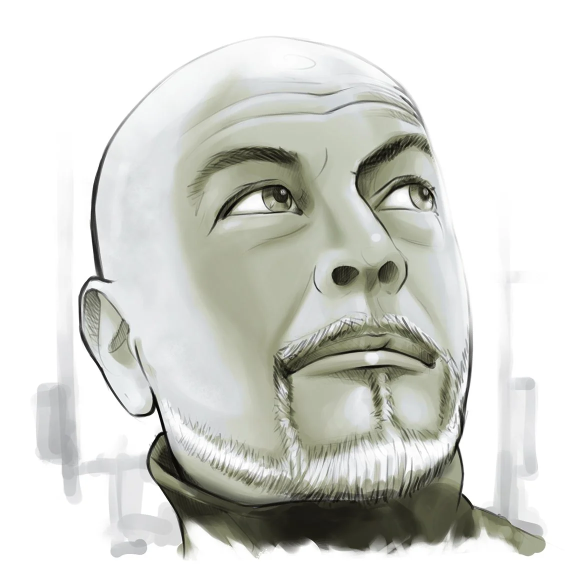 Ritratto in stile illustrativo di un uomo con barba, capelli corti e sblusato, che guarda verso l'alto. Sfondo bianco.