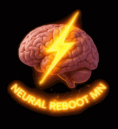 Brain with a yellow lightning bolt and the text 'Neural Reboot Man' below it.