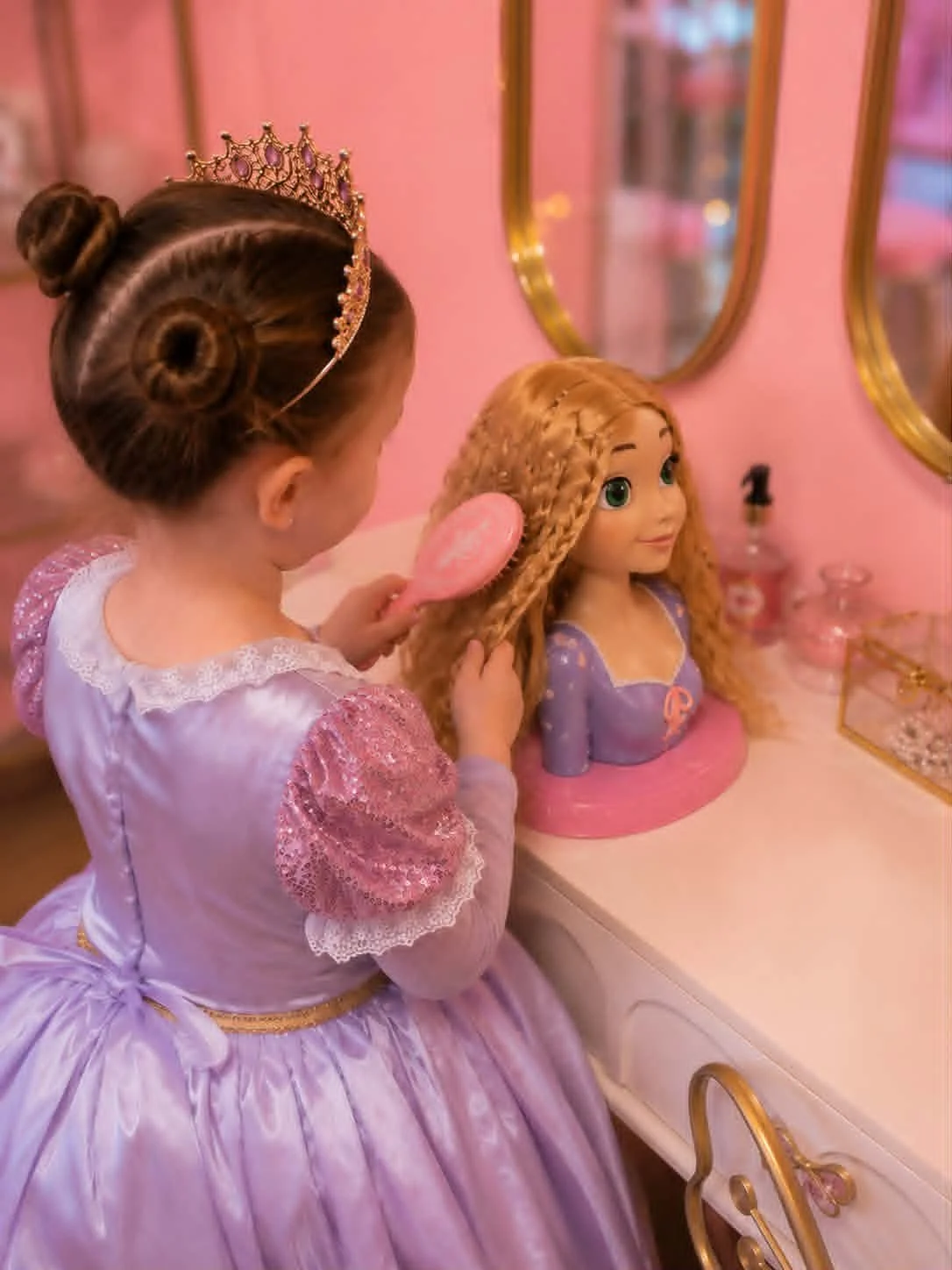 Une petite fille habillée en princesse se coiffe devant un miroir avec une poupée à la tête de princesse
