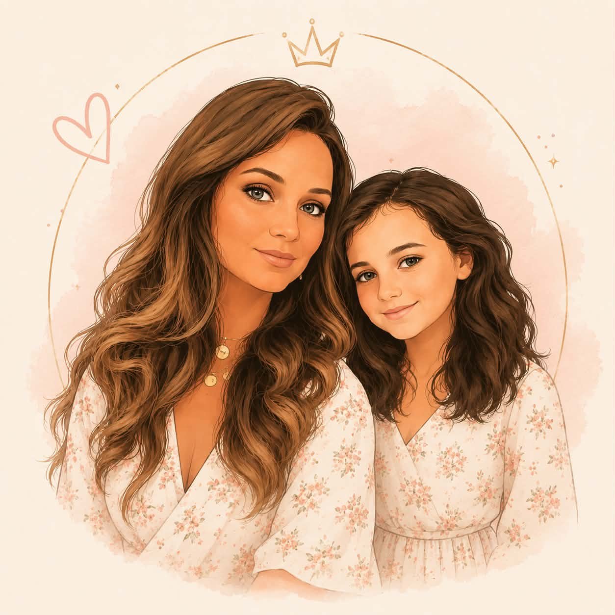 Une mère et sa fille posent ensemble, toutes deux portant une robe à motifs floraux et ayant de longs cheveux bruns bouclés, avec un arrière-plan pastel décoré d'un cercle doré, d'une couronne, d'un cœur et de petites étoiles.