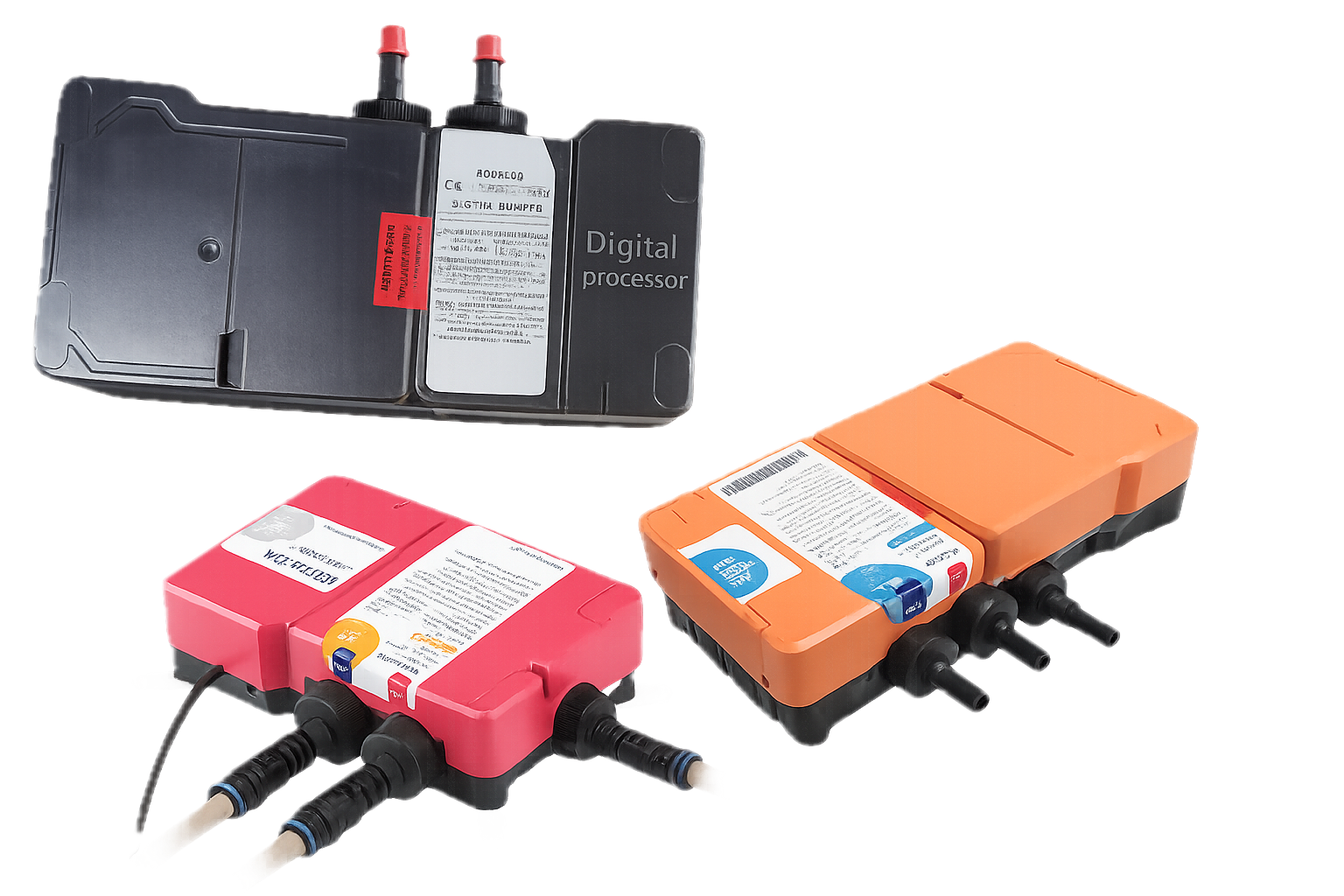 Three aqualisa digital processors in black, orange and pink.