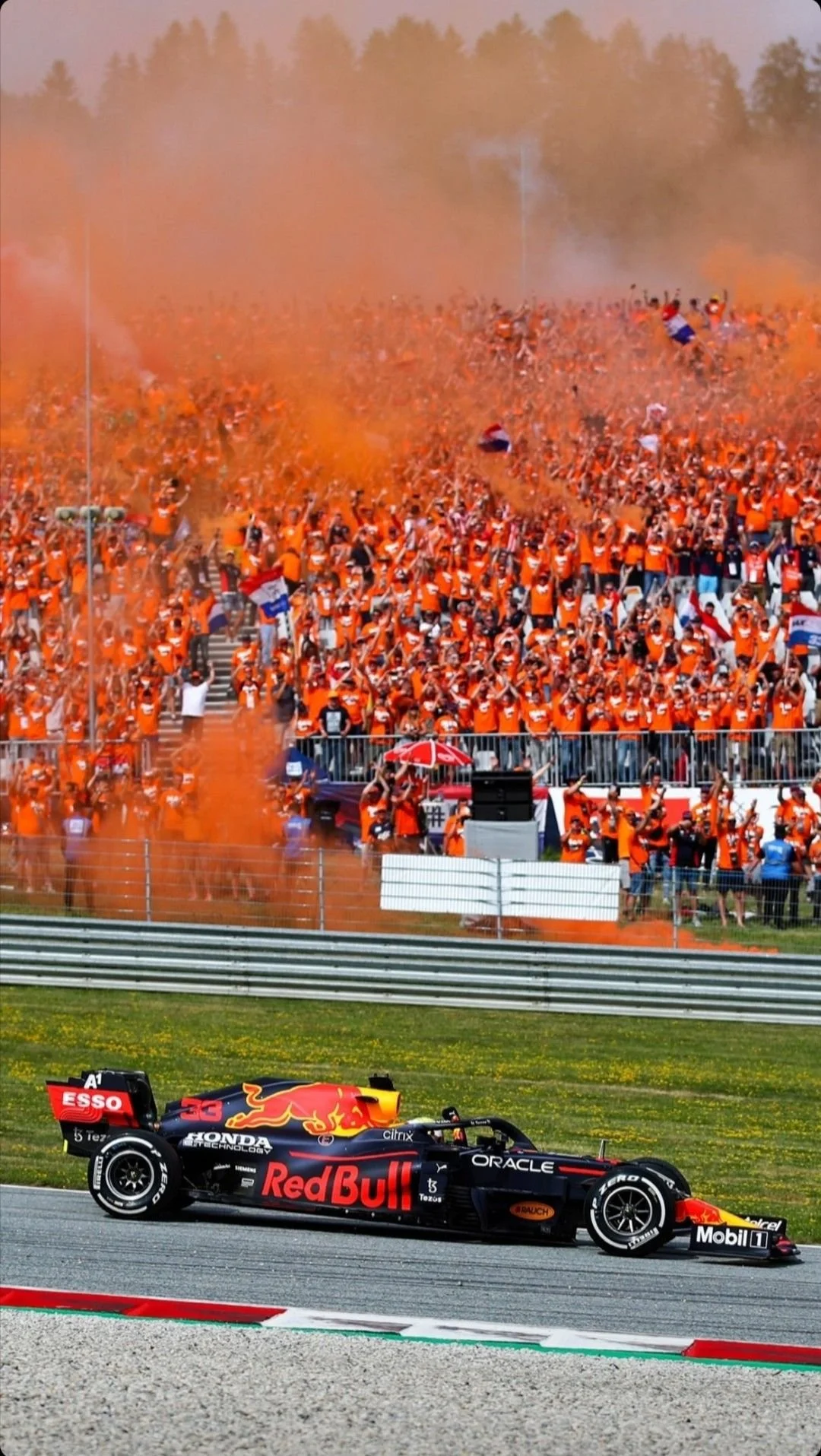 A Red Bull Formula 1 car racing on the track with a large crowd of fans in the stands in the background, many of whom are celebrating and throwing orange smoke or powder into the air, with some holding flags.