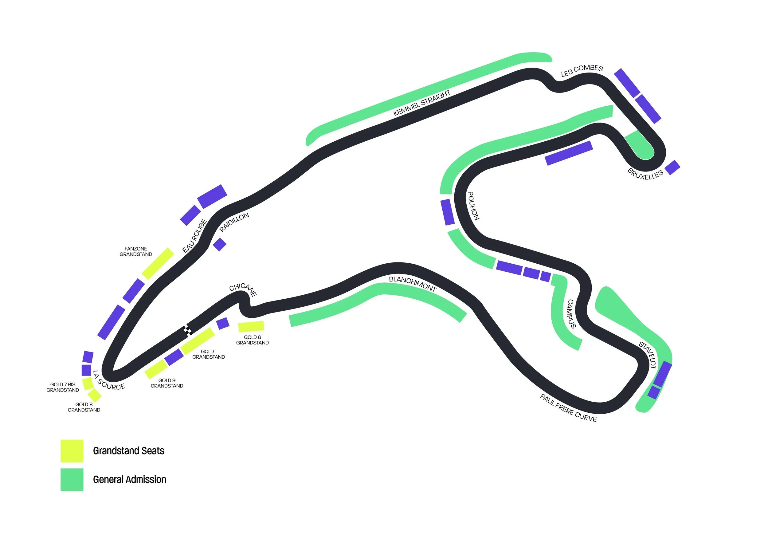 Map of Circuit de Spa-Francorchamps racing track, showing grandstand seats in yellow and general admission areas in green, with labels for various turns and sections.