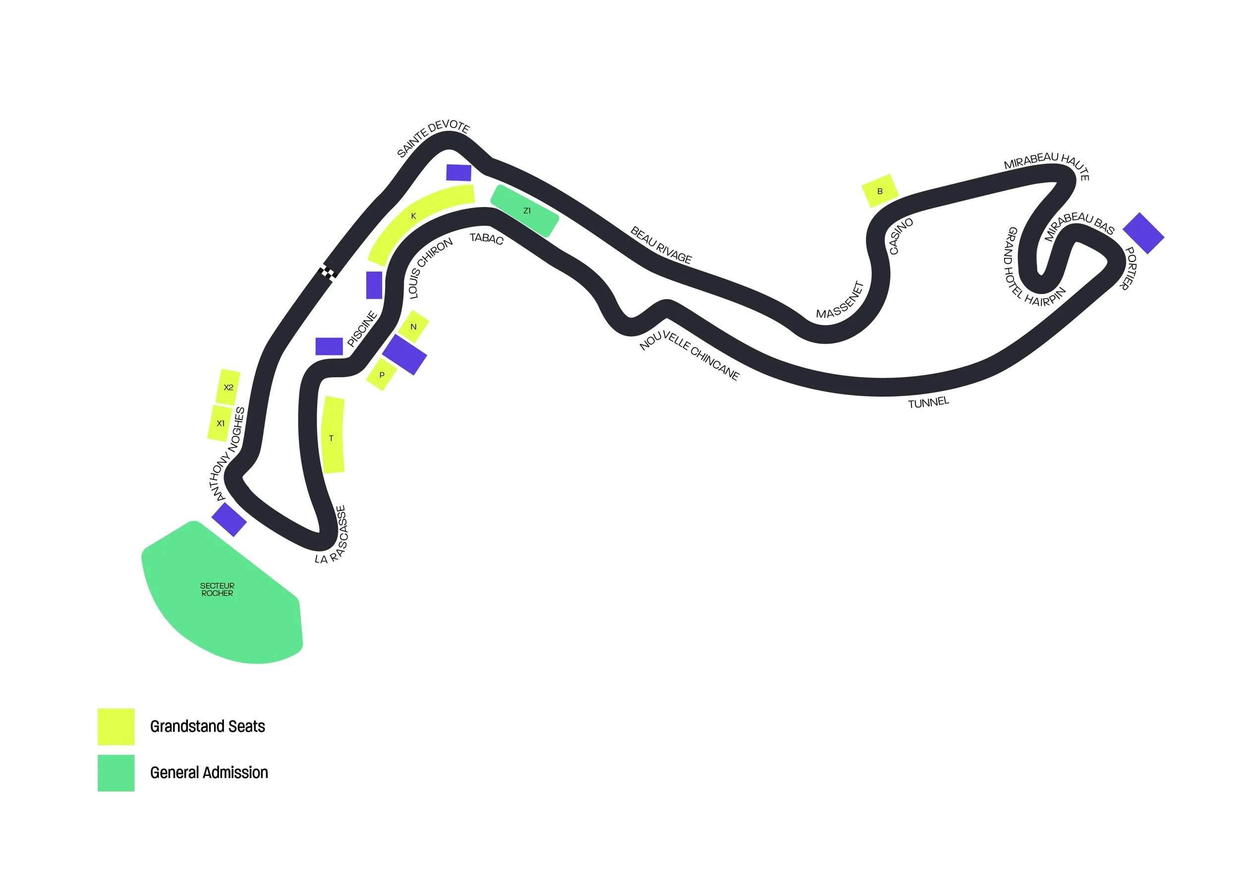 A race track map with black lines and labels of the track sections, featuring marked grandstand seats in yellow and general admission areas in green.