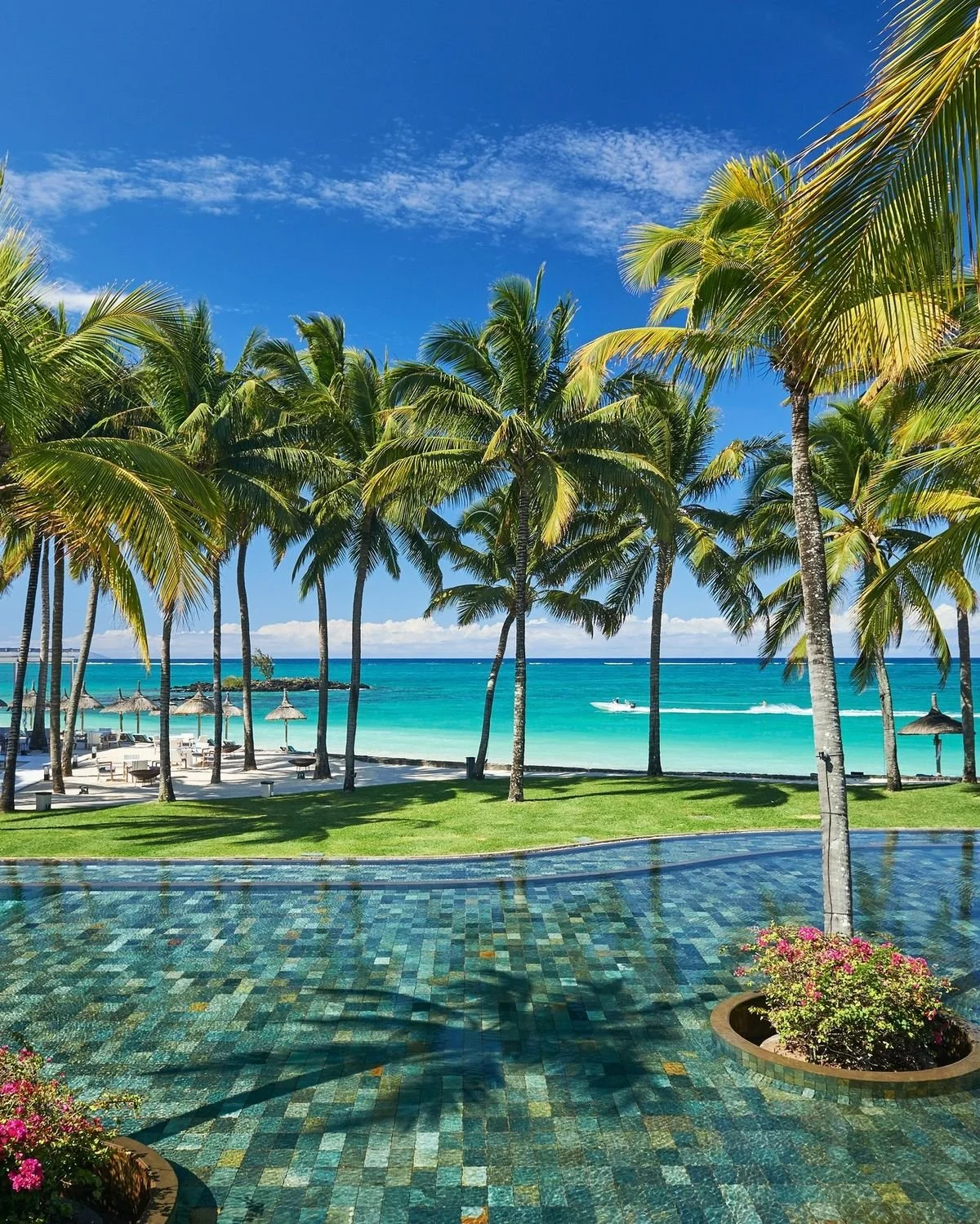 Tropical beach scene with clear blue sky, turquoise water, palm trees, and lounge chairs near the shoreline.