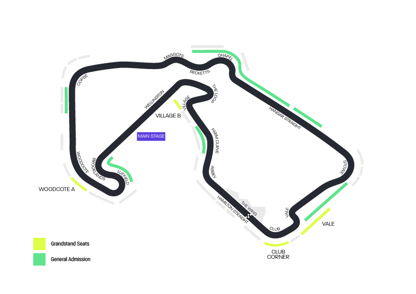 Map of a racetrack with designated grandstand seats in yellow and general admission areas in green. The track loops through various labeled sections including Village B, Hangar Straight, Vale, and others, with a main stage and several grandstand seating areas highlighted.
