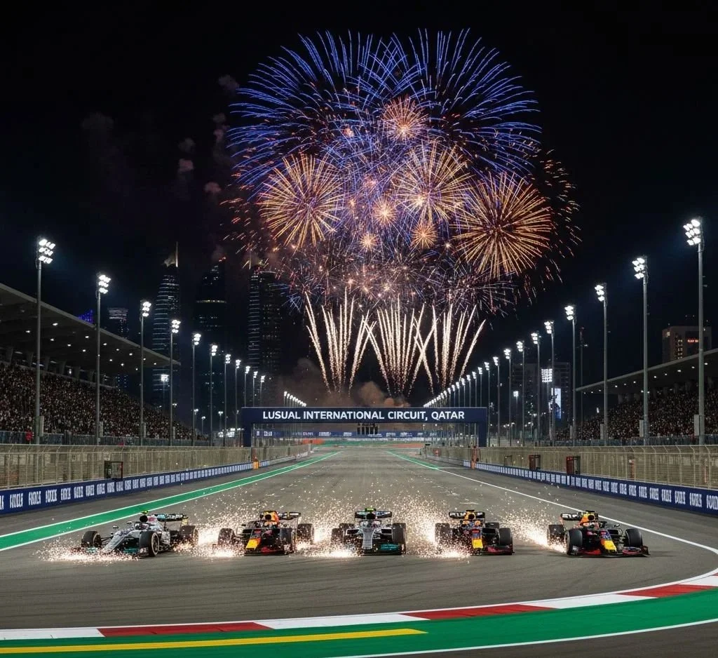 Fireworks display over a Formula 1 race track at Lusail International Circuit in Qatar, with race cars on the grid and spectators in the stands.