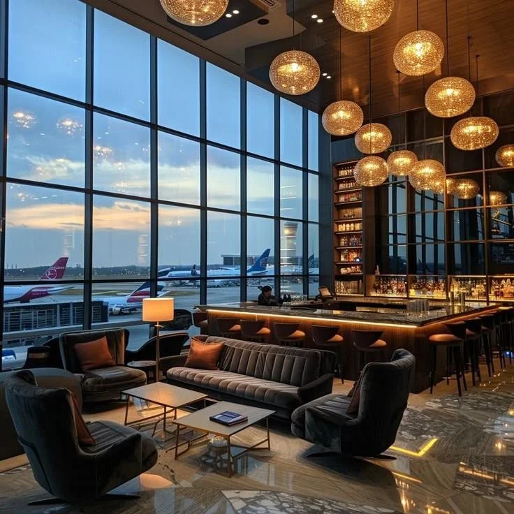 Modern airport lounge with large floor-to-ceiling windows, overlooking airplanes on the runway at sunset, featuring plush seating, a bar area with warm lighting, and decorative hanging globes.