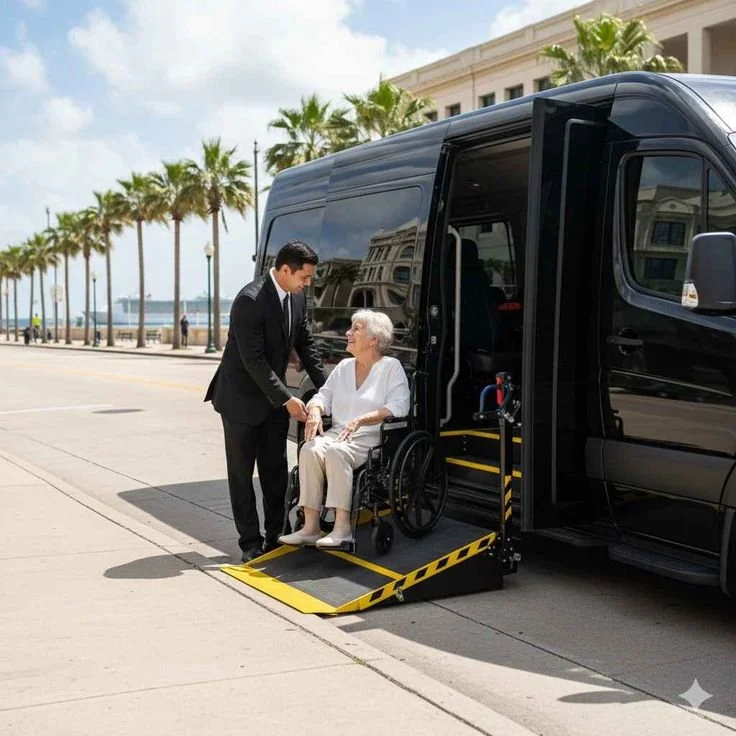 A young man in a suit helping an elderly woman in a wheelchair enter a black accessible van with a wheelchair ramp, outdoors near palm trees and a building in the background.