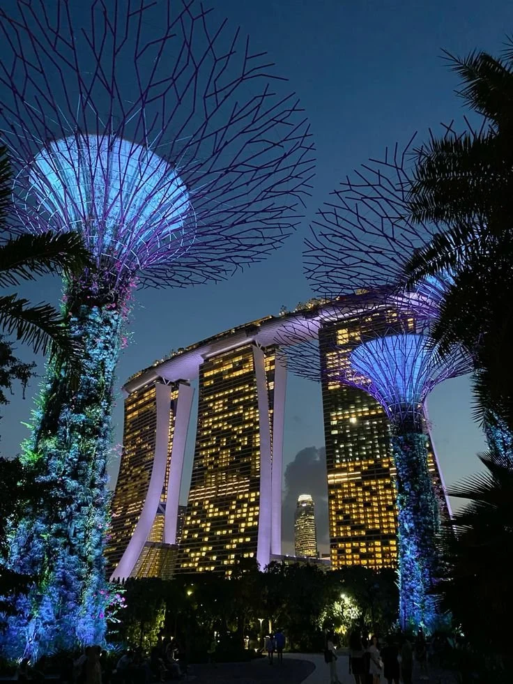 Night view of the Supertree Grove at Gardens by the Bay in Singapore, illuminated with blue and purple lights, with the Marina Bay Sands hotel in the background.
