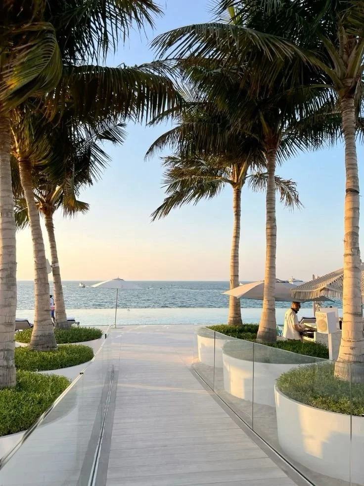 A scenic view of a beachside pathway lined with tall palm trees leading to the ocean. There are umbrellas and lounge chairs along the beach, with a person playing a piano on the right. Boats are visible on the water, and the sky is clear and sunny.