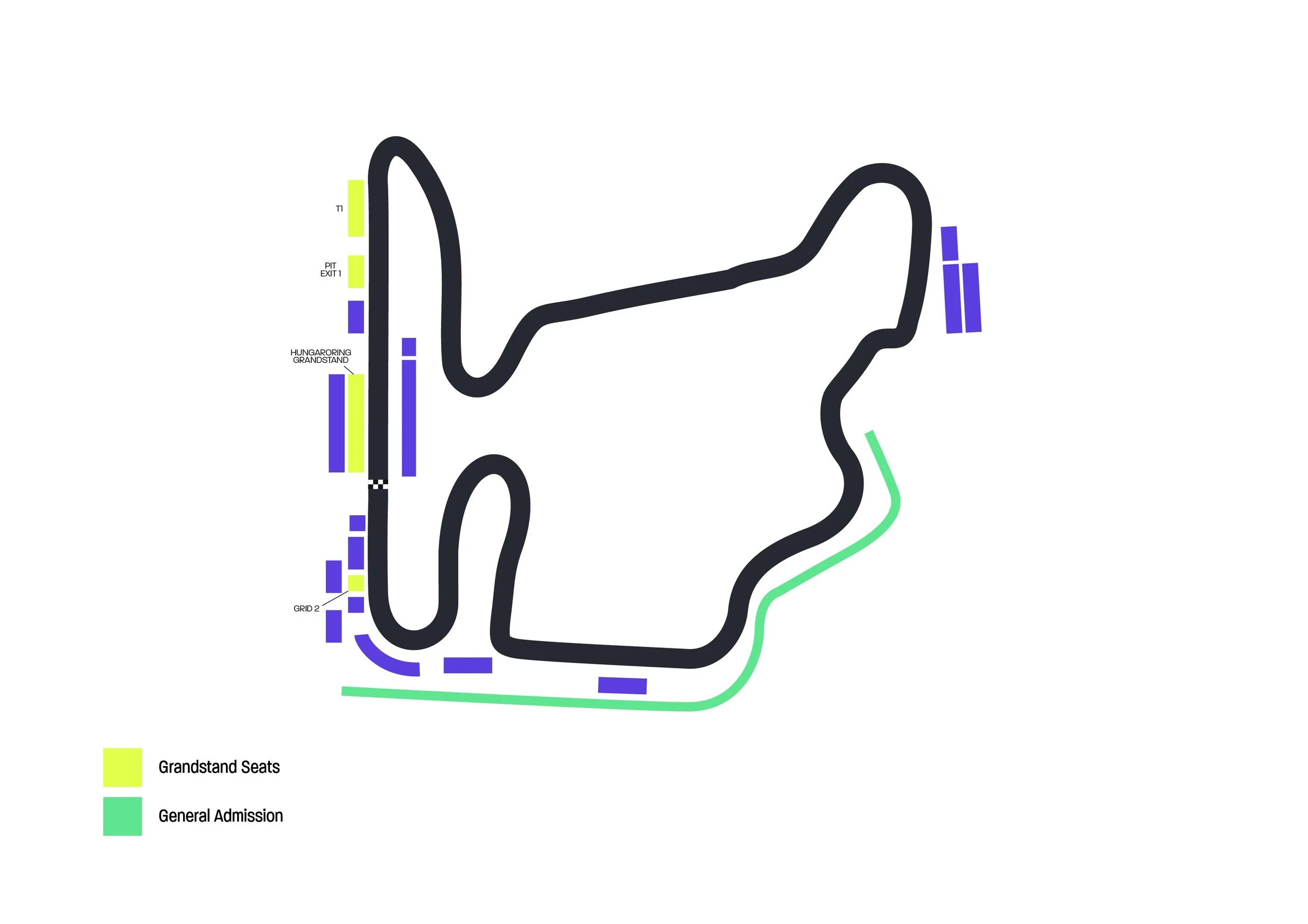 Map of a racing circuit with black track outline, green areas for general admission, and yellow areas for grandstand seats, labeled with sections like PIT EXIT, HUNGARORING GRANDSTAND, and GRID 2.