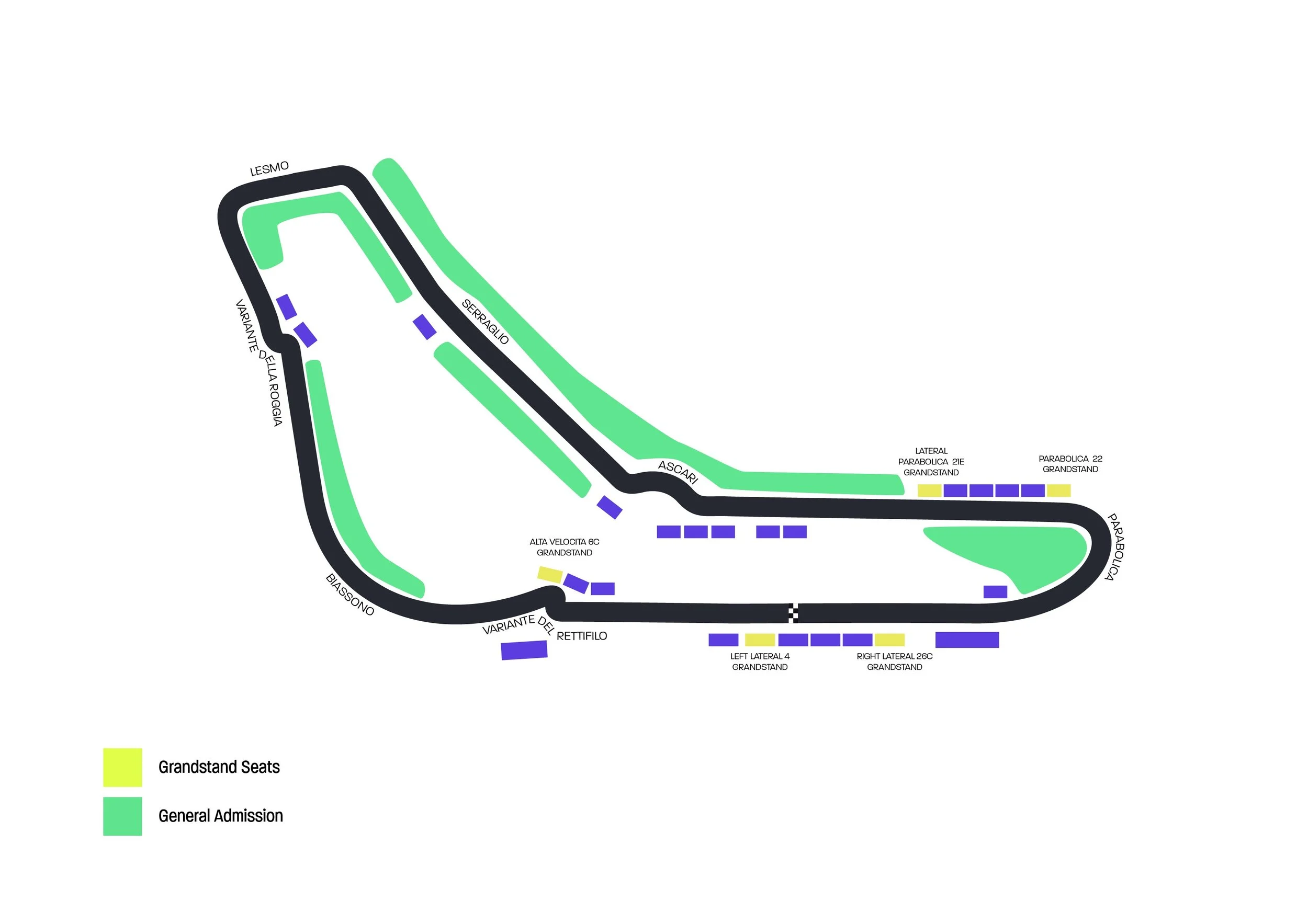 Race track layout with labeled turns and grandstand seating areas, including green zones for general admission and yellow zones for grandstand seats.