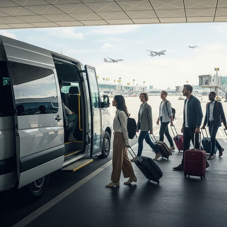 Group of travelers with rolling suitcases boarding a shuttle bus at an airport, airplanes visible in the sky.
