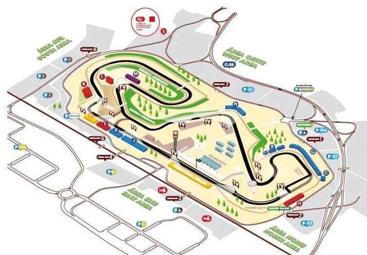 Map of the Autodromo Nazionale Monza race circuit, showing various track sections, spectator areas, parking lots, and facilities.