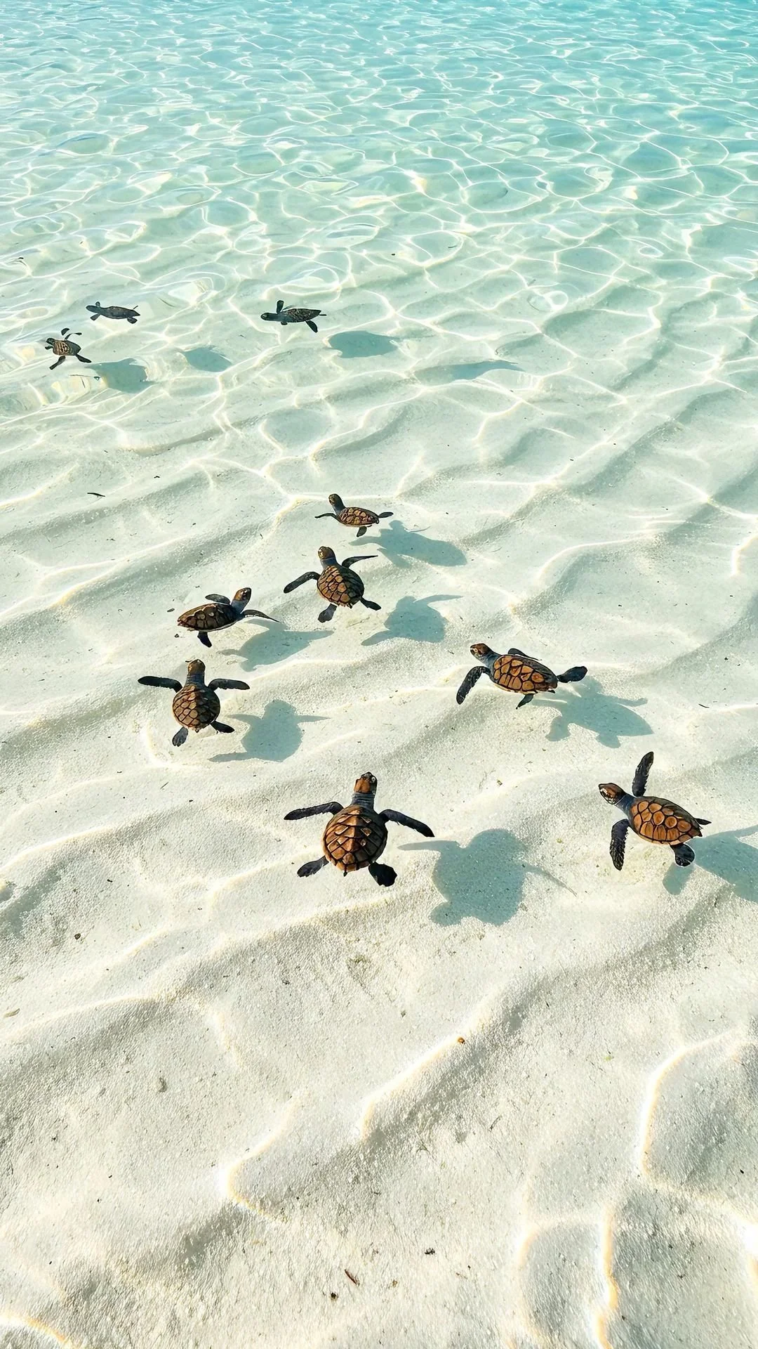 Multiple baby sea turtles swimming over sandy ocean floor in clear shallow water.