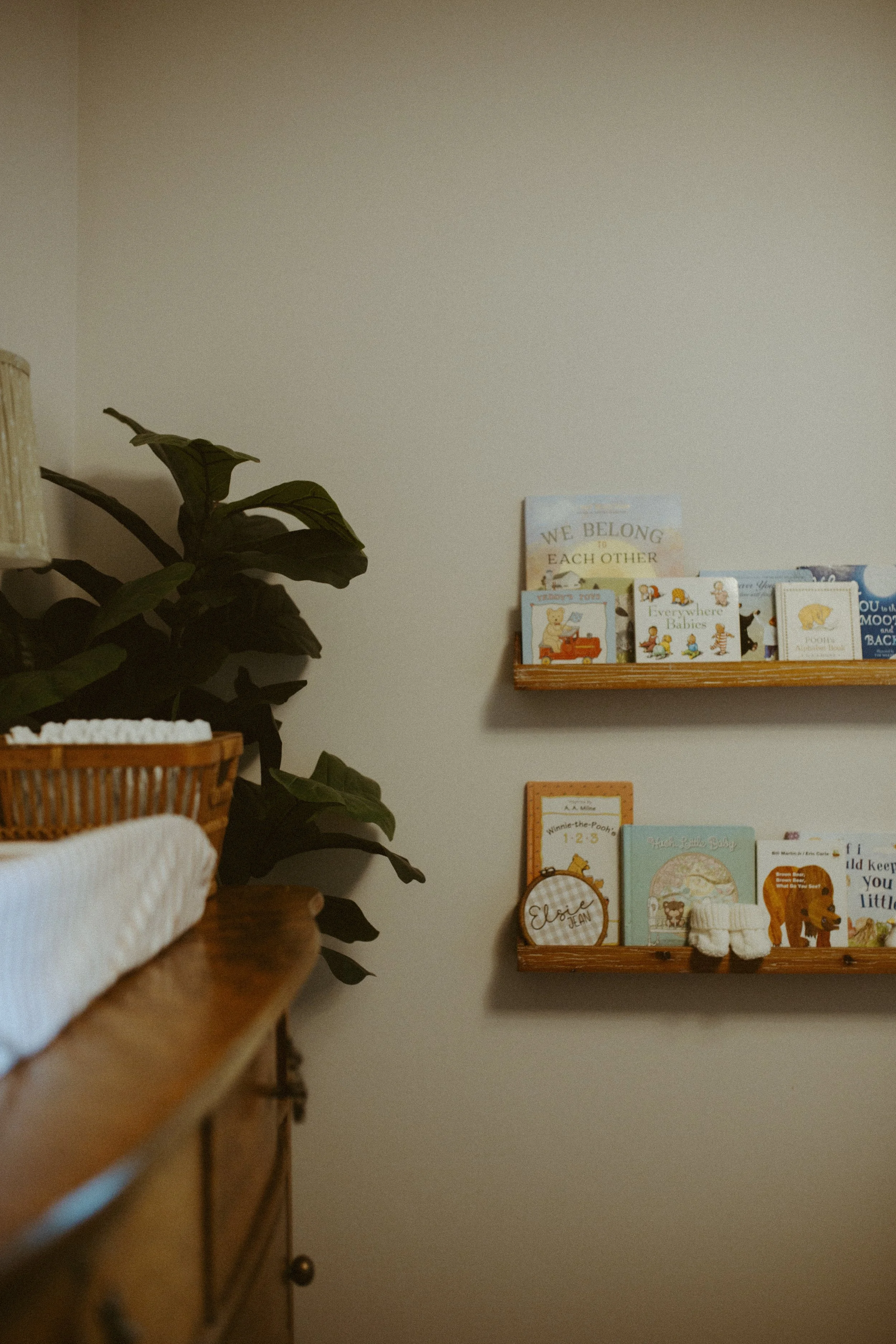 A wooden shelf on a beige wall displaying children's books and a small sheep figurine. To the left, part of a large green houseplant is visible, and in the foreground, part of a white blanket and wooden furniture are seen.