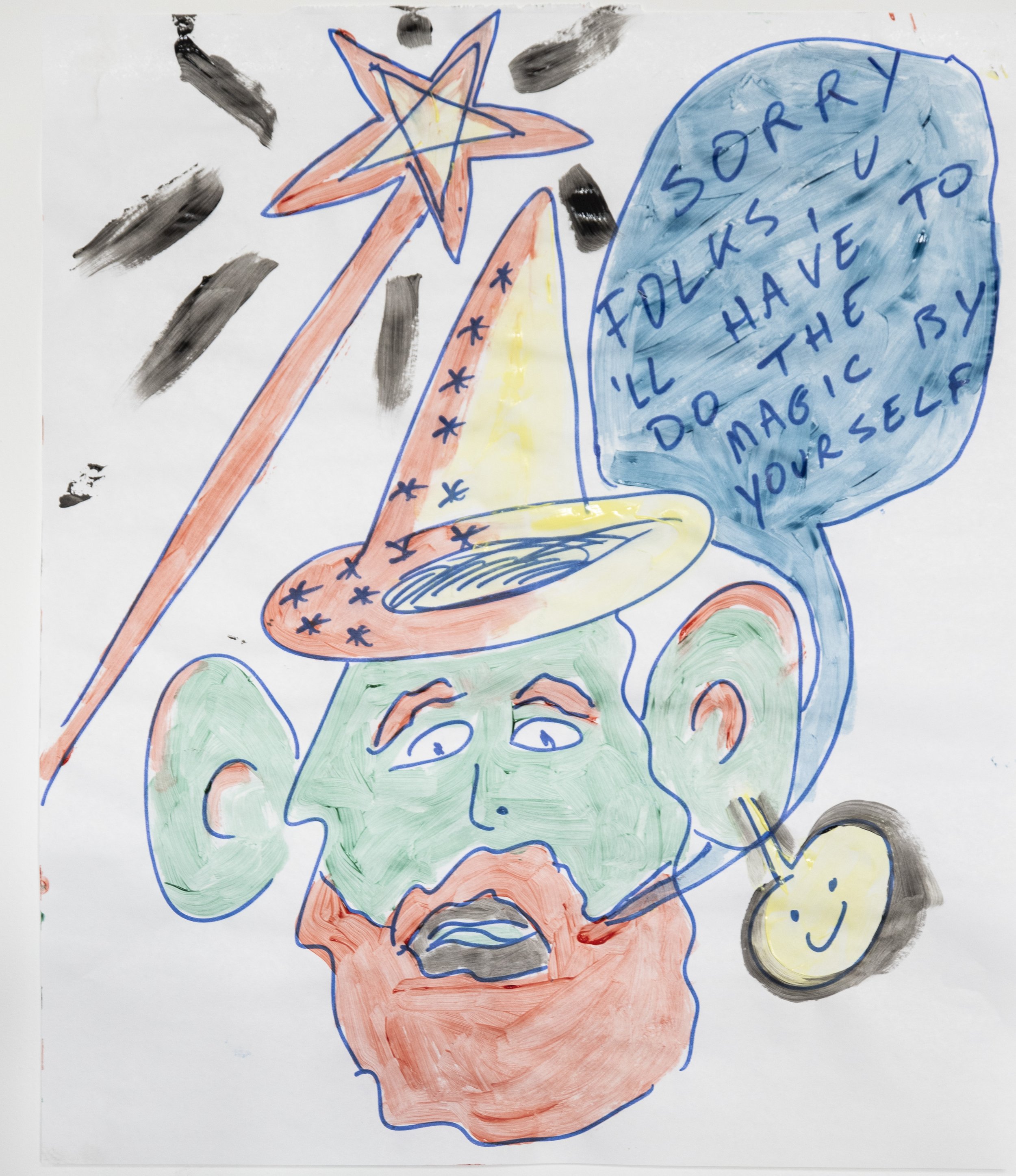 Een gekleurde tekening van een menselijke kop met grote oren, een vlammenwerper op het hoofd met sterren, een ballon met een smiley, en een blauwe speechballon met de tekst: "Sorryfolks, I'll ask u to do the magic by yourself".