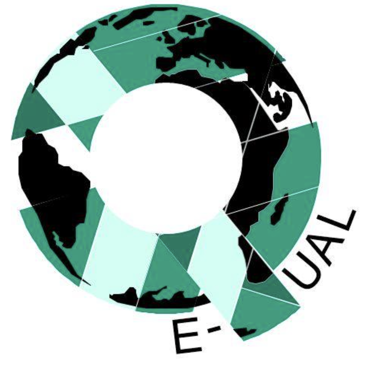 Een wereldbol met een cirkelvormig grafisch ontwerp, waarin continenten in zwart worden afgebeeld en de text 'E-QUAL' onderaan.