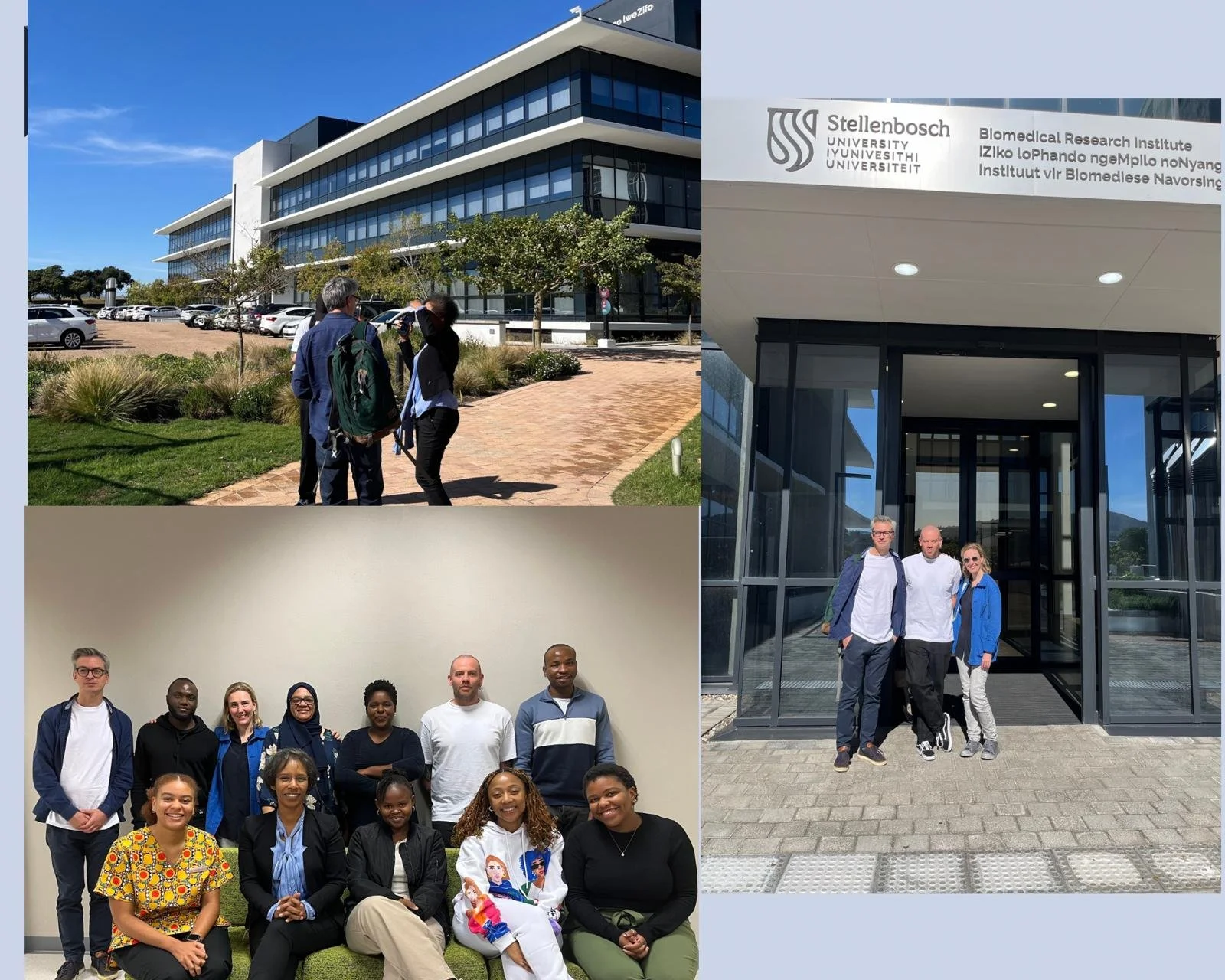 Drie foto's. De eerste toont een modern kantoorgebouw met een parkeerplaats en mensen die buiten praten. De tweede toont het ingangspoor van een wetenschappelijk instituut met drie mensen voor de ingang. De derde is een groepsfoto van mensen in een binnenruimte, zittend en staand, die lachen en poseren voor de camera.