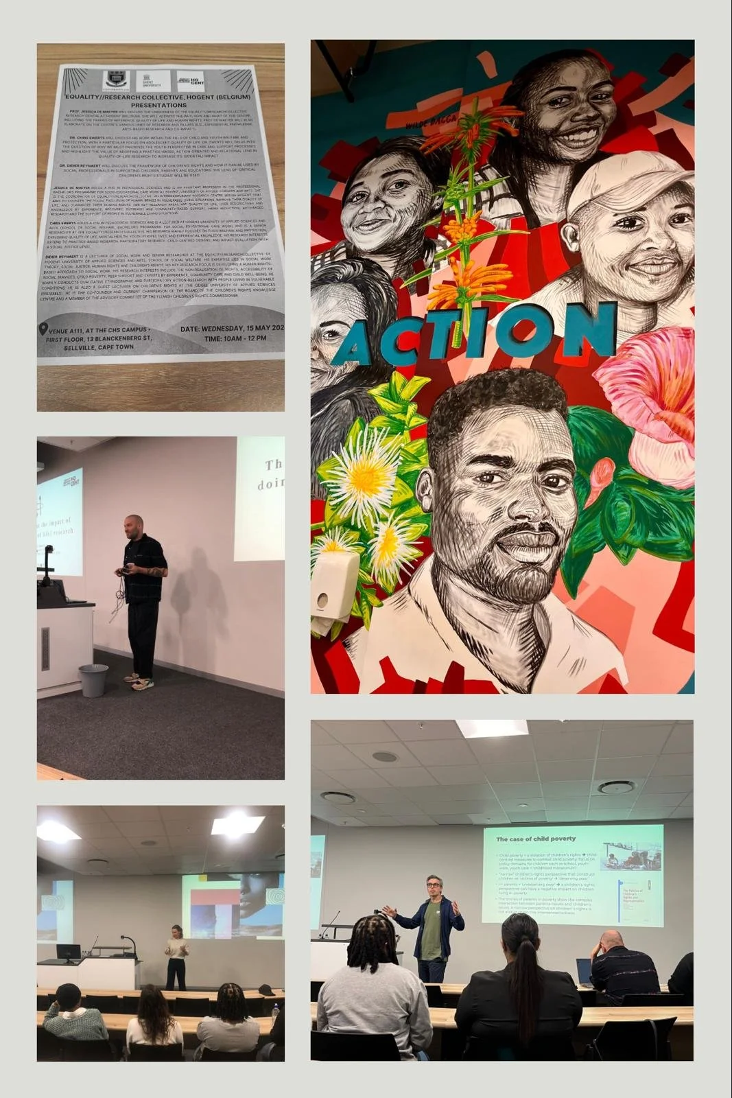 Een collage van vijf foto's die verschillende activiteiten en kunstwerken tonen tijdens een evenement. Bovenaan links een papieren poster met tekst, onderaan links een man die presenteert voor een publiek in een klaslokaal, onderaan rechts een man die een presentatie geeft voor een groep mensen, rechtsboven een mural met gekleurde portretten van diverse mensen met de tekst 'ACTION', en onderaan een brede zaal met mensen die naar een presentatie kijken.