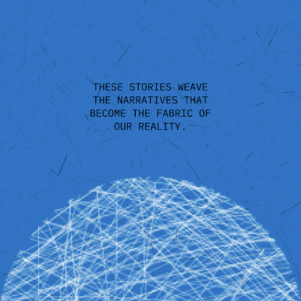 Citaat op een blauwe achtergrond met een witte geometrische structuur onderaan.