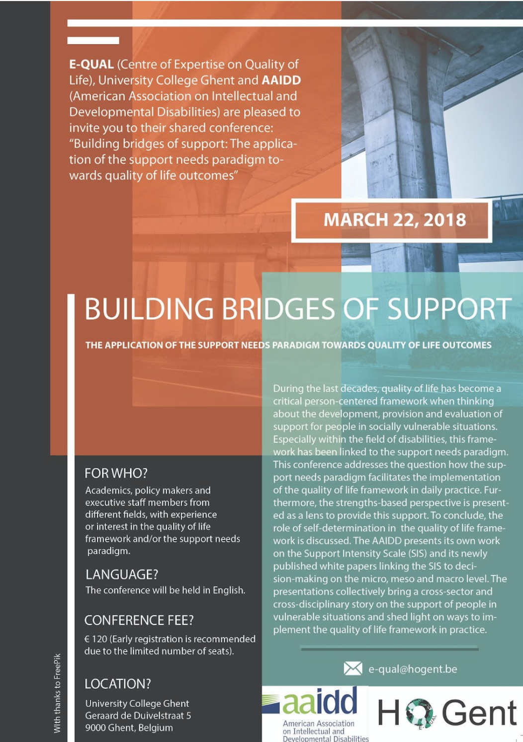 Flyer voor een conferentie over het bouwen van bruggen van ondersteuning, gehouden op 22 maart 2018, georganiseerd door E-QUAL, AAIDD en HGent. De flyer bevat informatie over de doelgroep, taal, locatie en kosten.