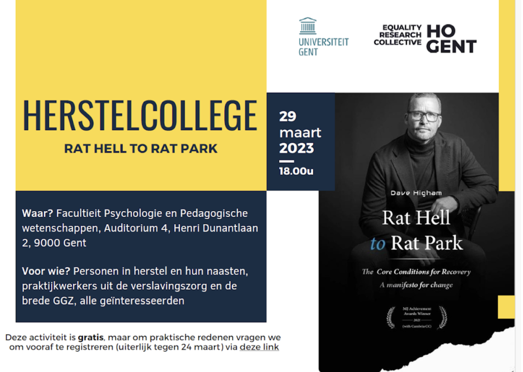 Flyer voor Herstelcollege evenement bij Universiteit Gent met informatie over datum, tijd, locatie, doel en doelgroep, inclusief een afbeelding van auteur Dave Higham.