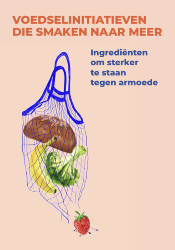Illustratie van voedselingrediënten in een net, met tekst over voedselinitiatieven en ingrediënten om armoede te bestrijden.