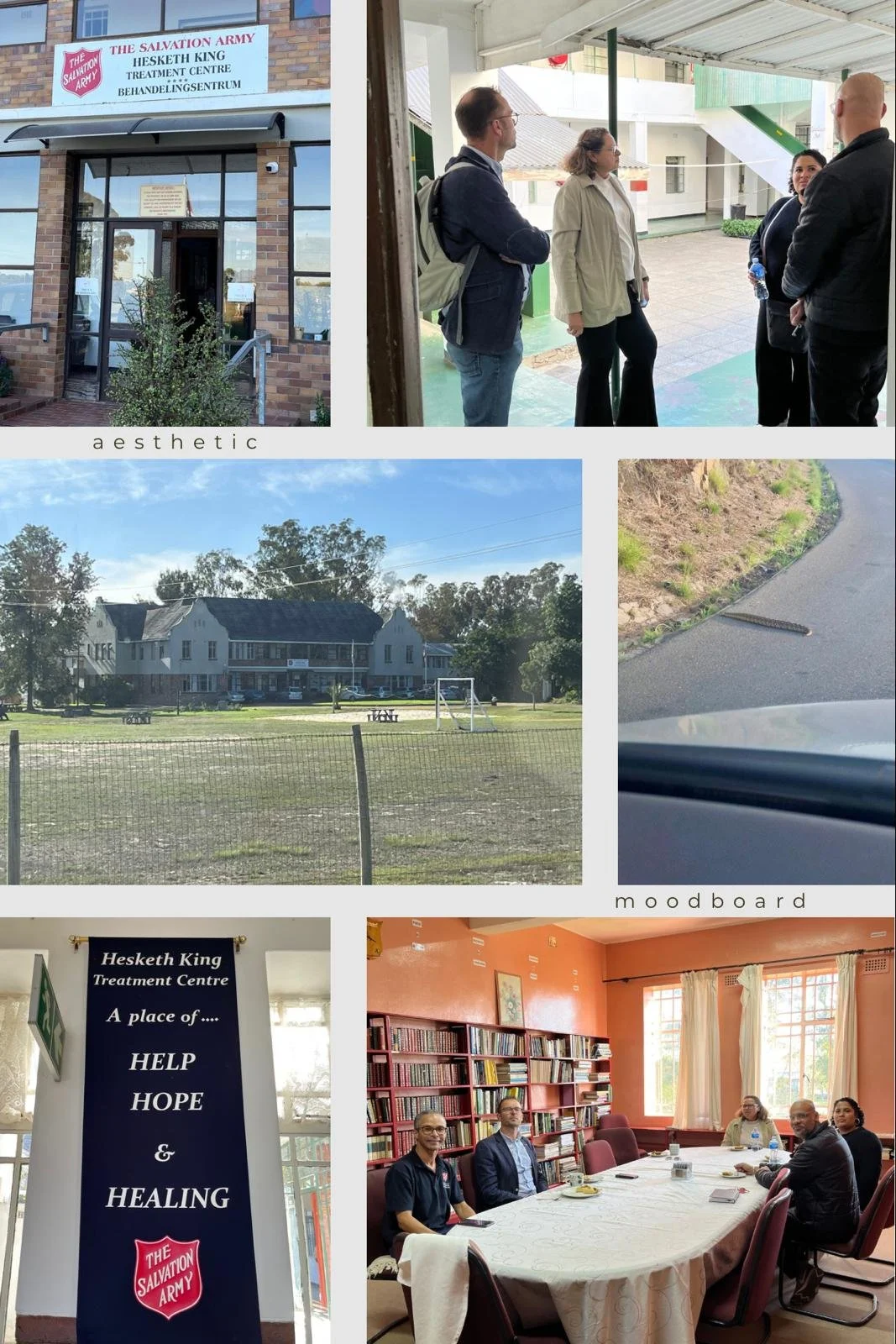 Foto collage van een Heshth King Treatment Centre met de gevel, een gesprek tussen mensen, een schoolveld, een smal weggetje, een binnenruimte met boeken en een vergadertafel.