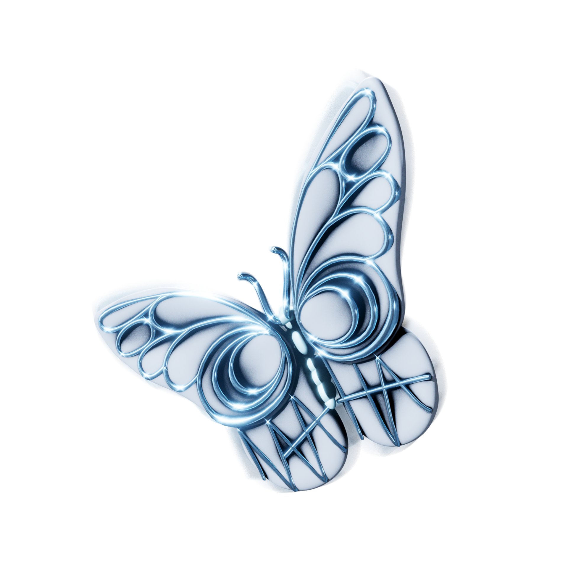 A shiny, metallic butterfly with blue and white wings. The name NAAHA is hidden in his wings.