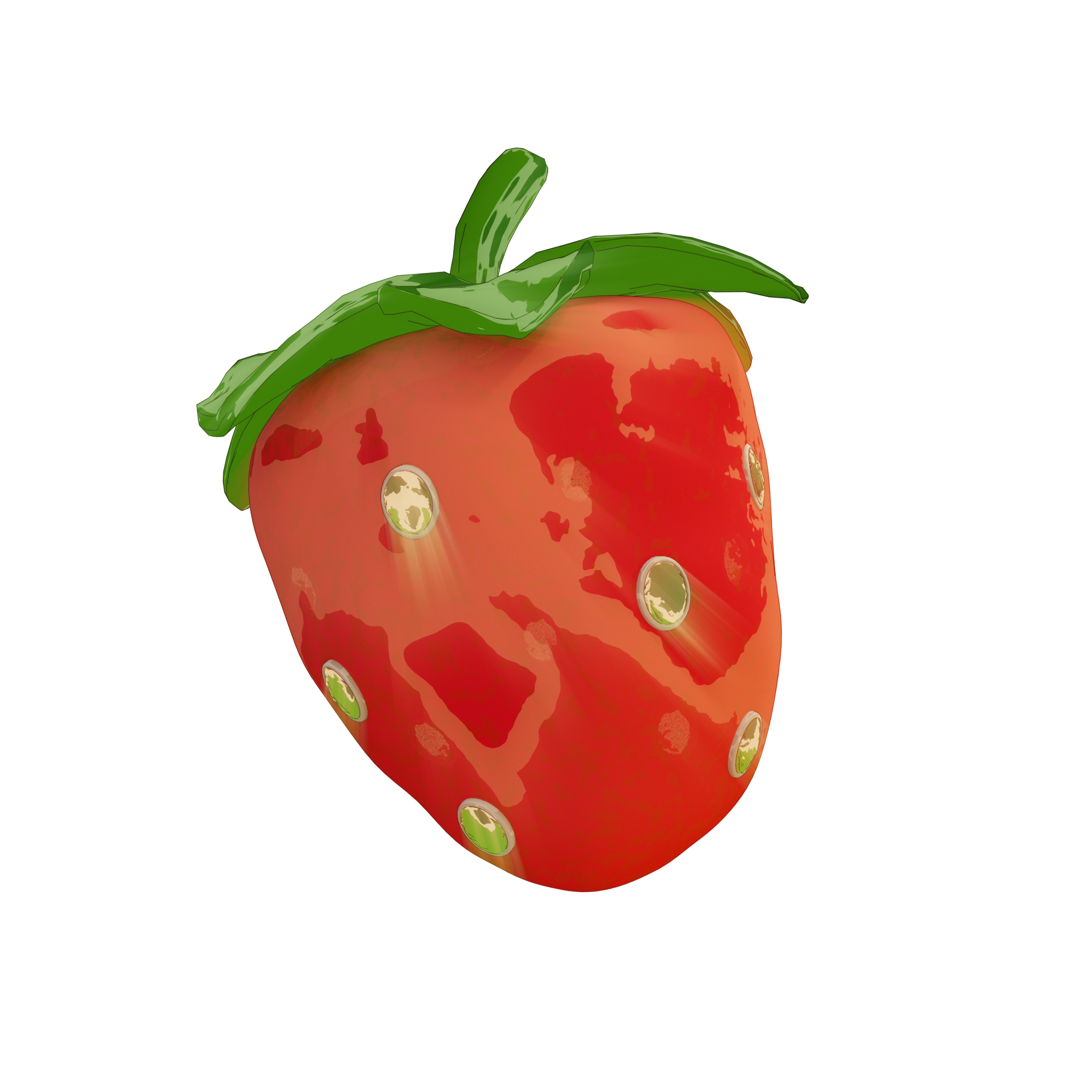 Illustration of a strawberry with green leaves on top, depicted with cartoon style and seed details.