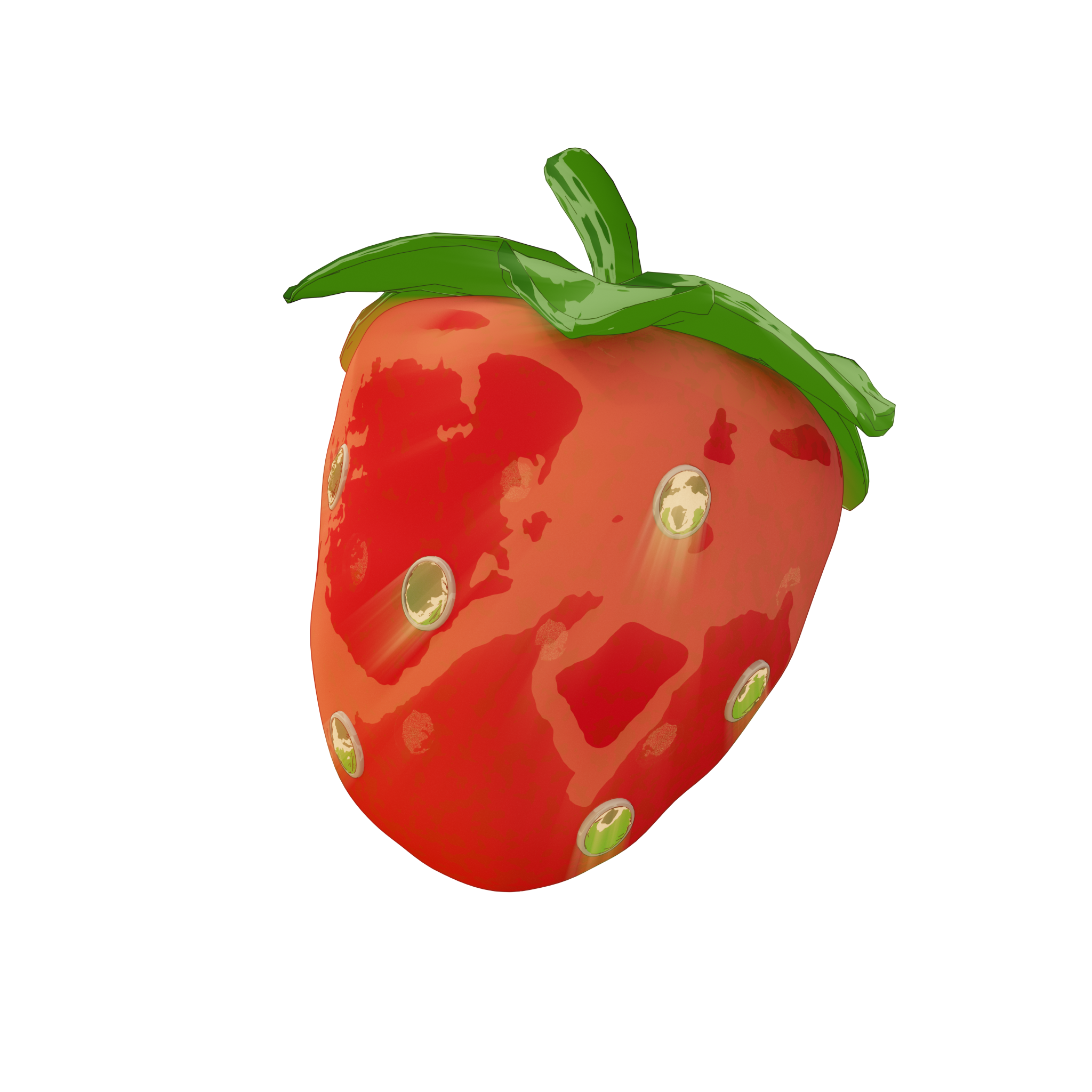 Illustration of a strawberry with green leaves on top, depicted with cartoon style and seed details.