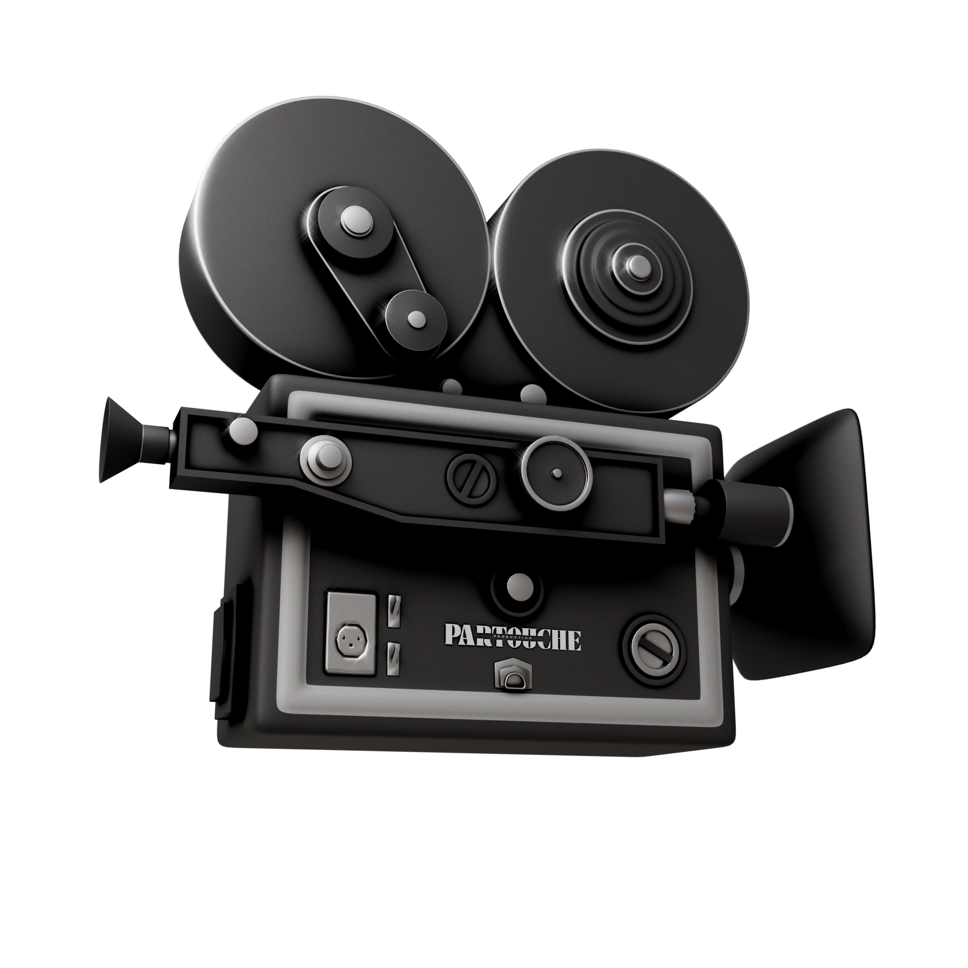 A vintage film projector with large reels, labeled 'Partouche', against a black background.