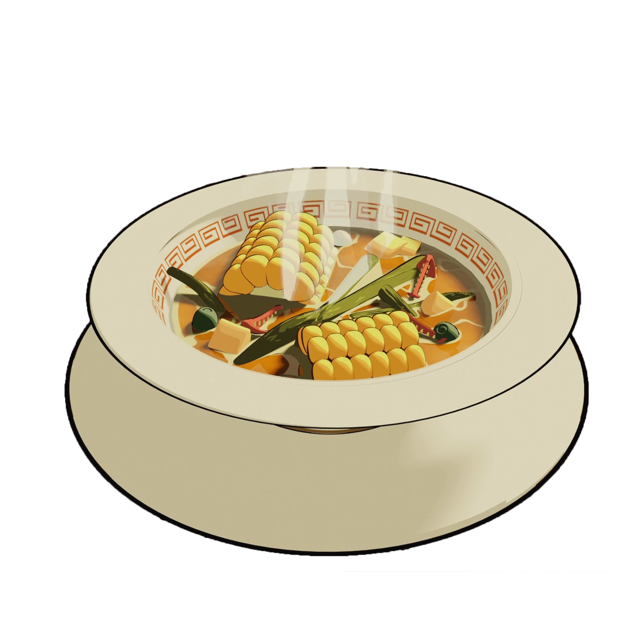 Bowl of corn soup garnished with corn on the cob, herbs, and vegetables in Ghibli anime style.