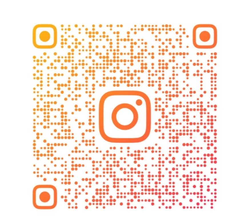 A QR code with the Instagram logo in the center and smaller icons at the top left and bottom left corners.