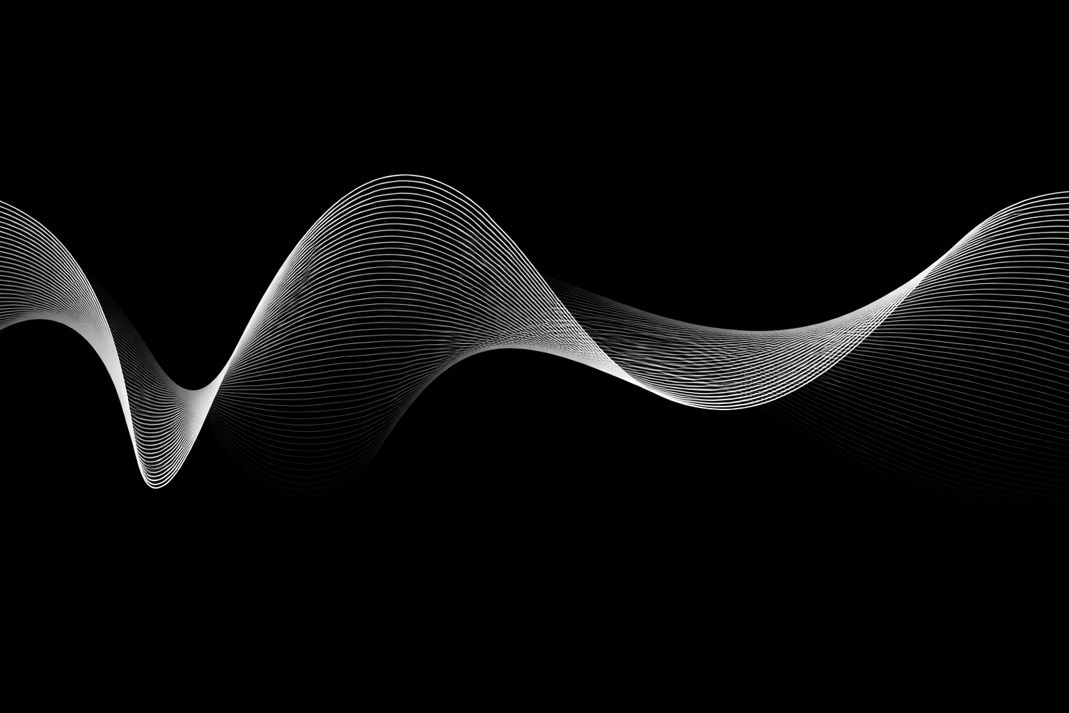Abstract black background with white flowing wave lines.