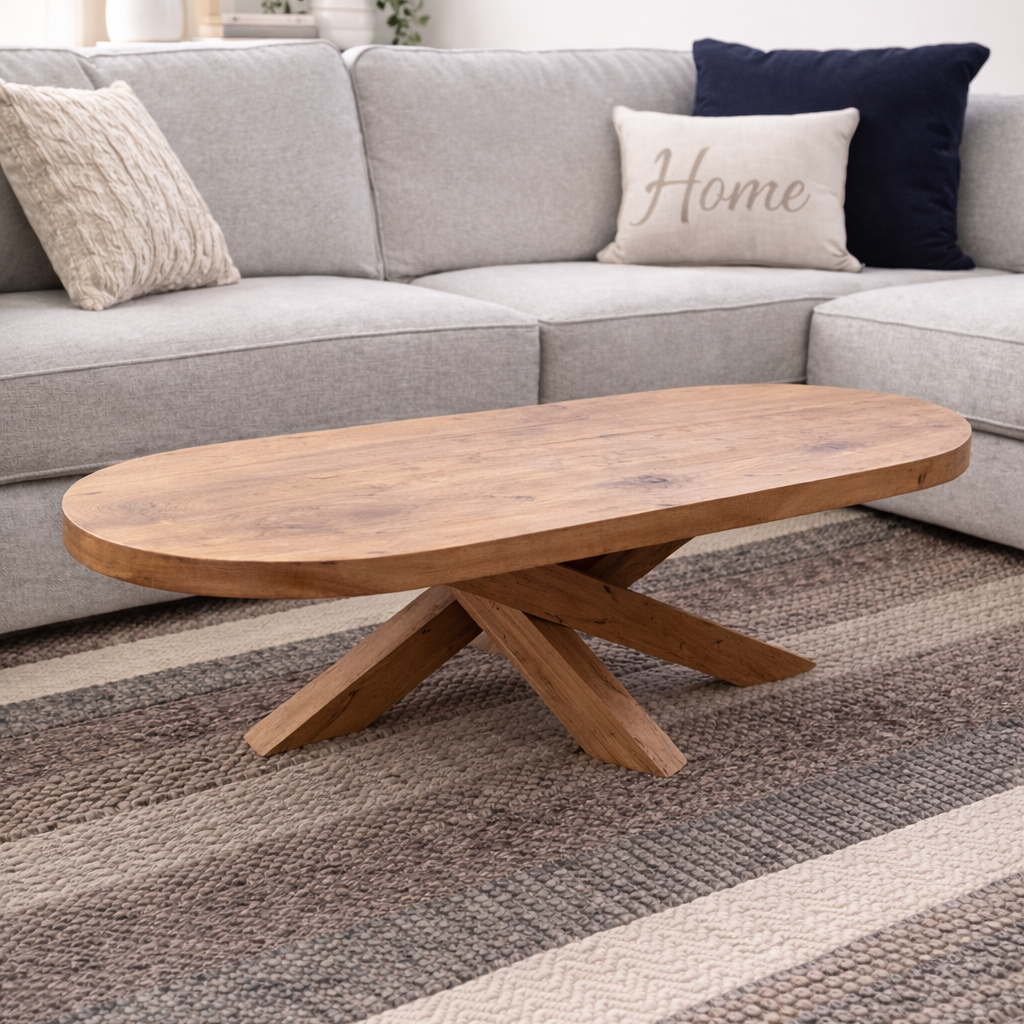 A wooden coffee table with a curved top and crossed legs in front of a light gray sectional sofa with decorative pillows, including a beige one with the word 'Home' embroidered on it, in a cozy living room.