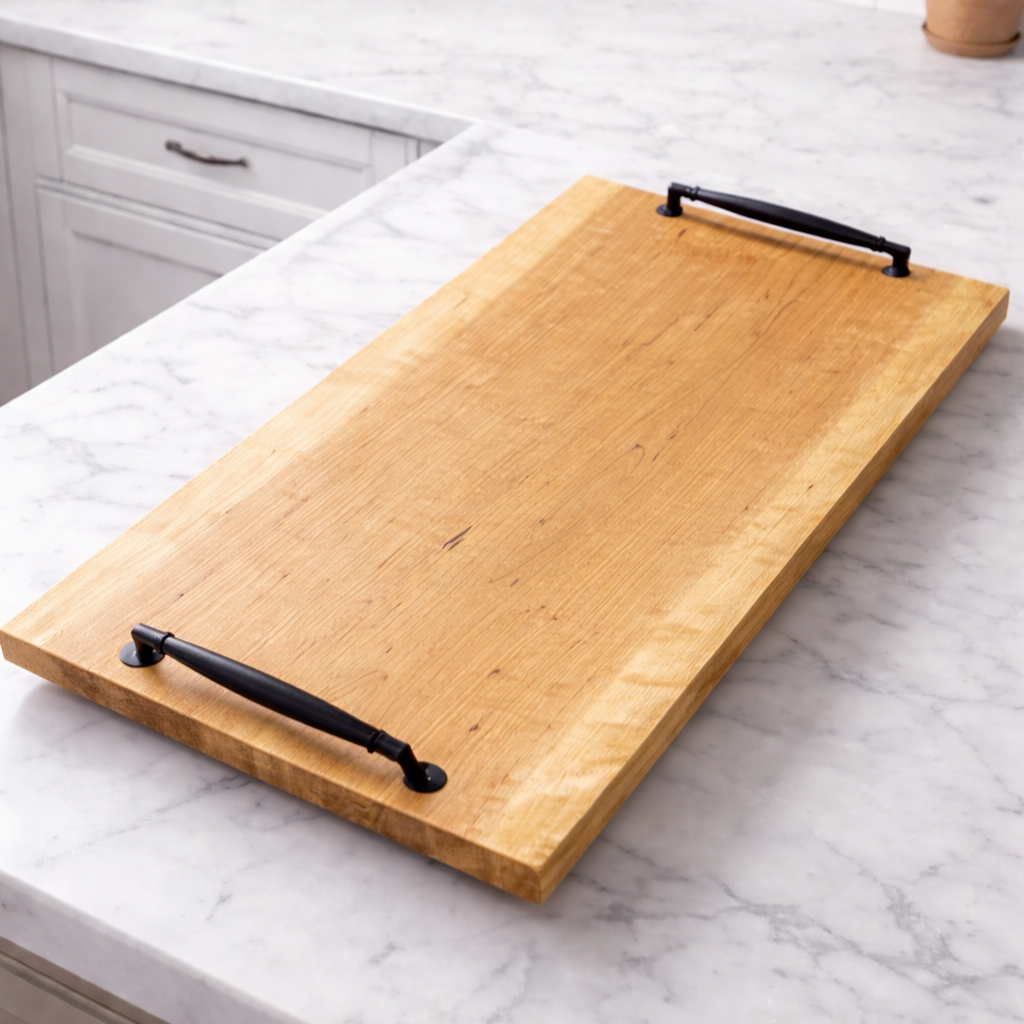 Wooden serving or cutting board with black handles on a white marble countertop in a kitchen.
