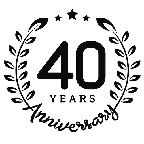 Design celebrating 40 years with a laurel wreath, three stars, and text reading "40 Years Anniversary".