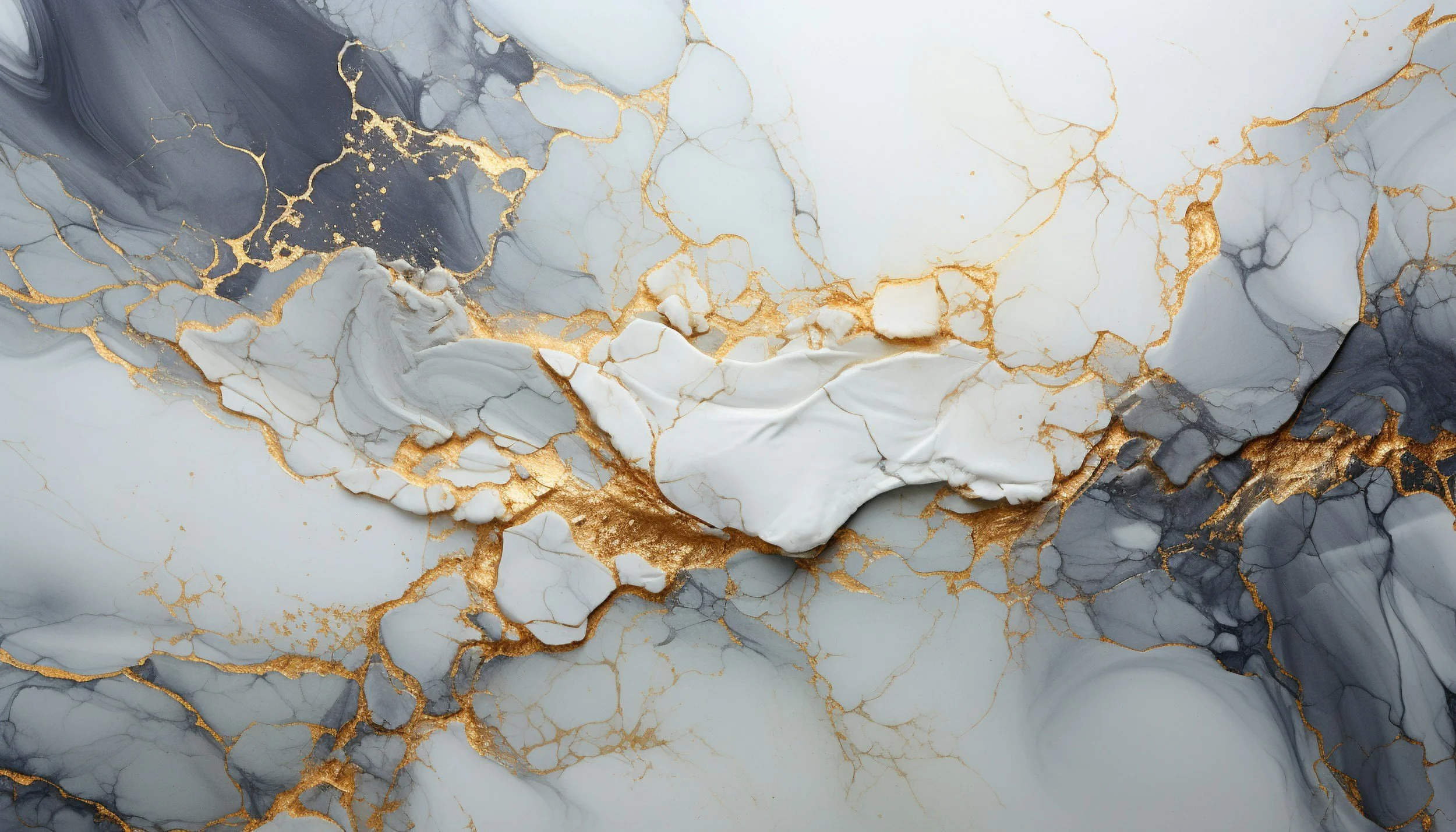 Abstract marble pattern with gray, white, and black veining highlighted with gold accents.