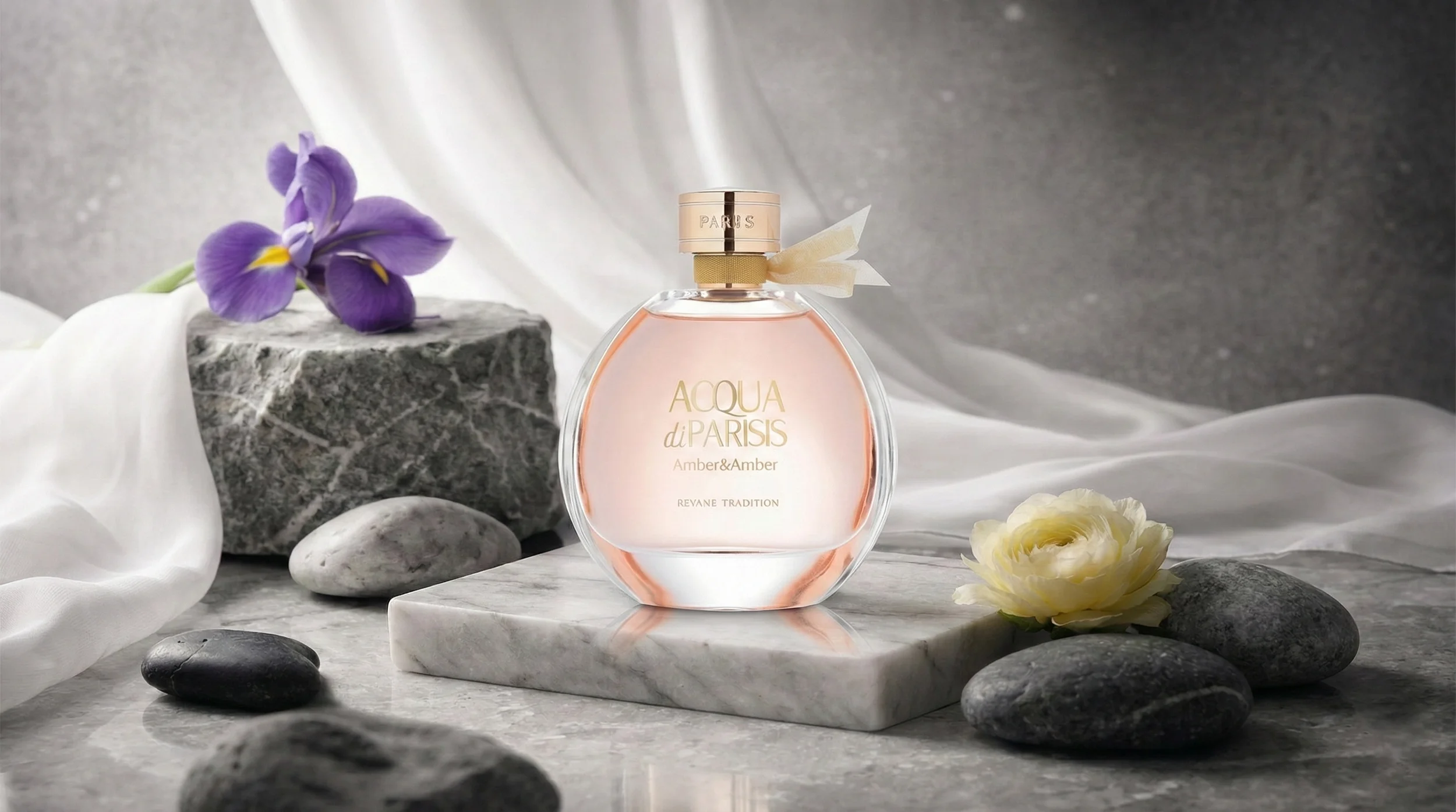 A bottle of Acqua di Parisis Amber & Amber perfume on a marble slab, surrounded by stones, purple and white flowers, with white fabric in the background.