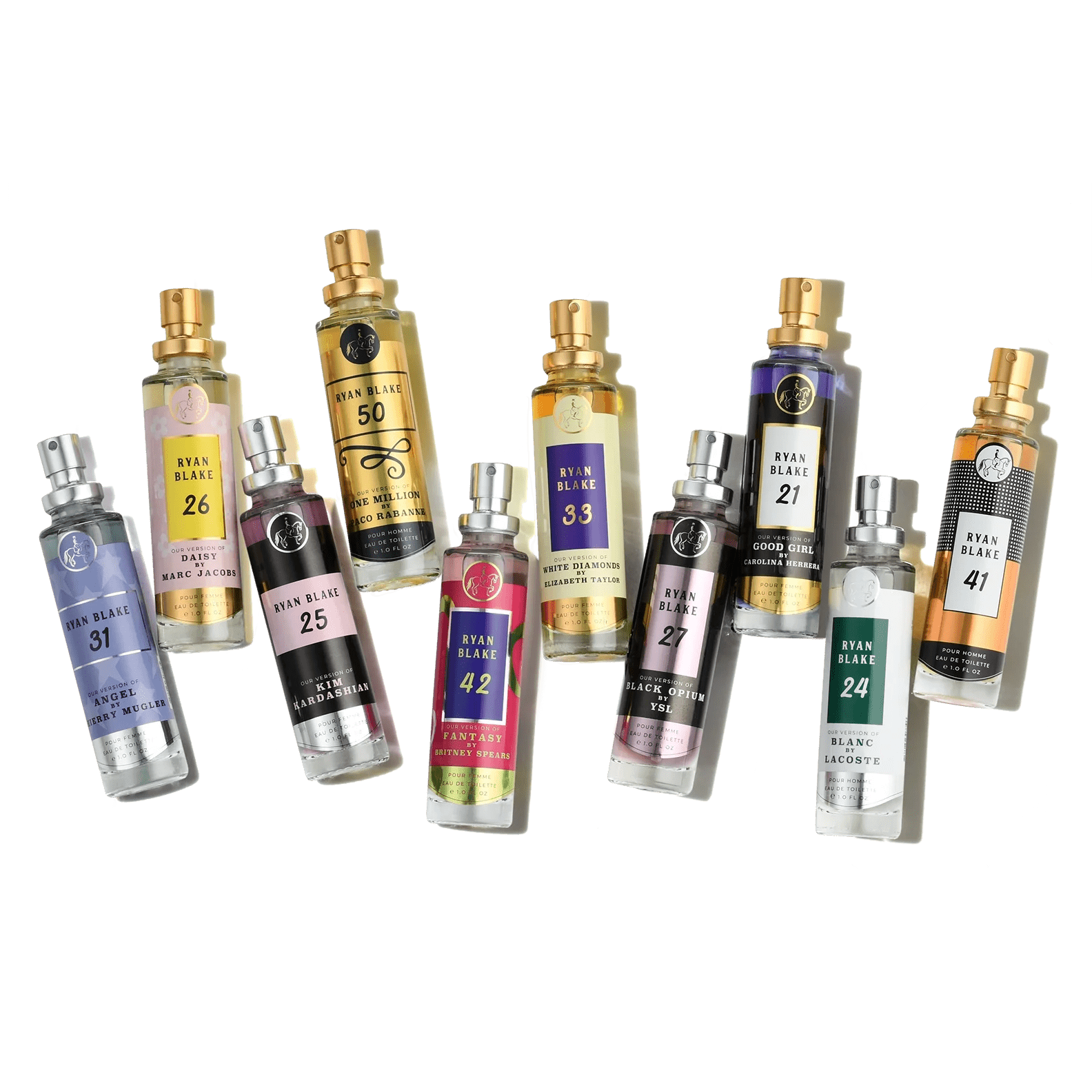 Ten Ryan Blake fragrance bottles scattered in a row